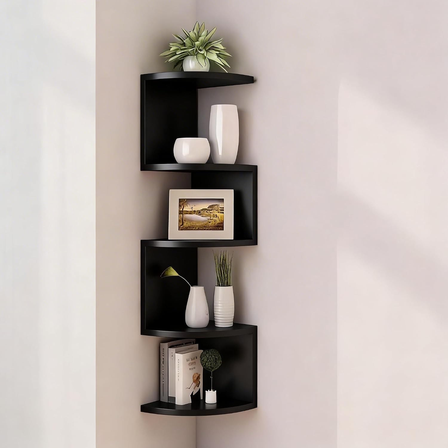5-Tier Corner Shelf Wall Mount Floating Bookshelf Zigzag Storage Rack