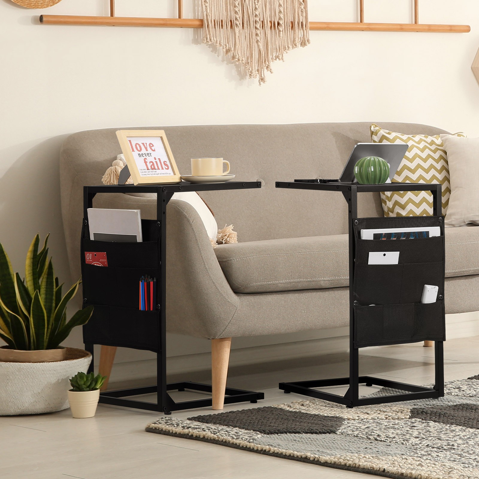 Set of 2 C Shaped End Table Side Table w/ Storage Bag for Couch Sofa Bedroom