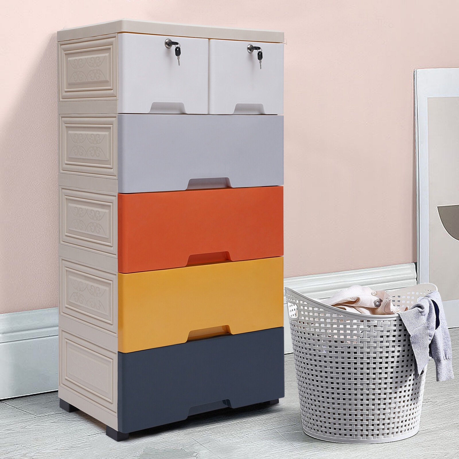 5-Tier Dresser Drawer Multi-Usage W/ Two Locks Bedroom Plastic Clothes Cupboard
