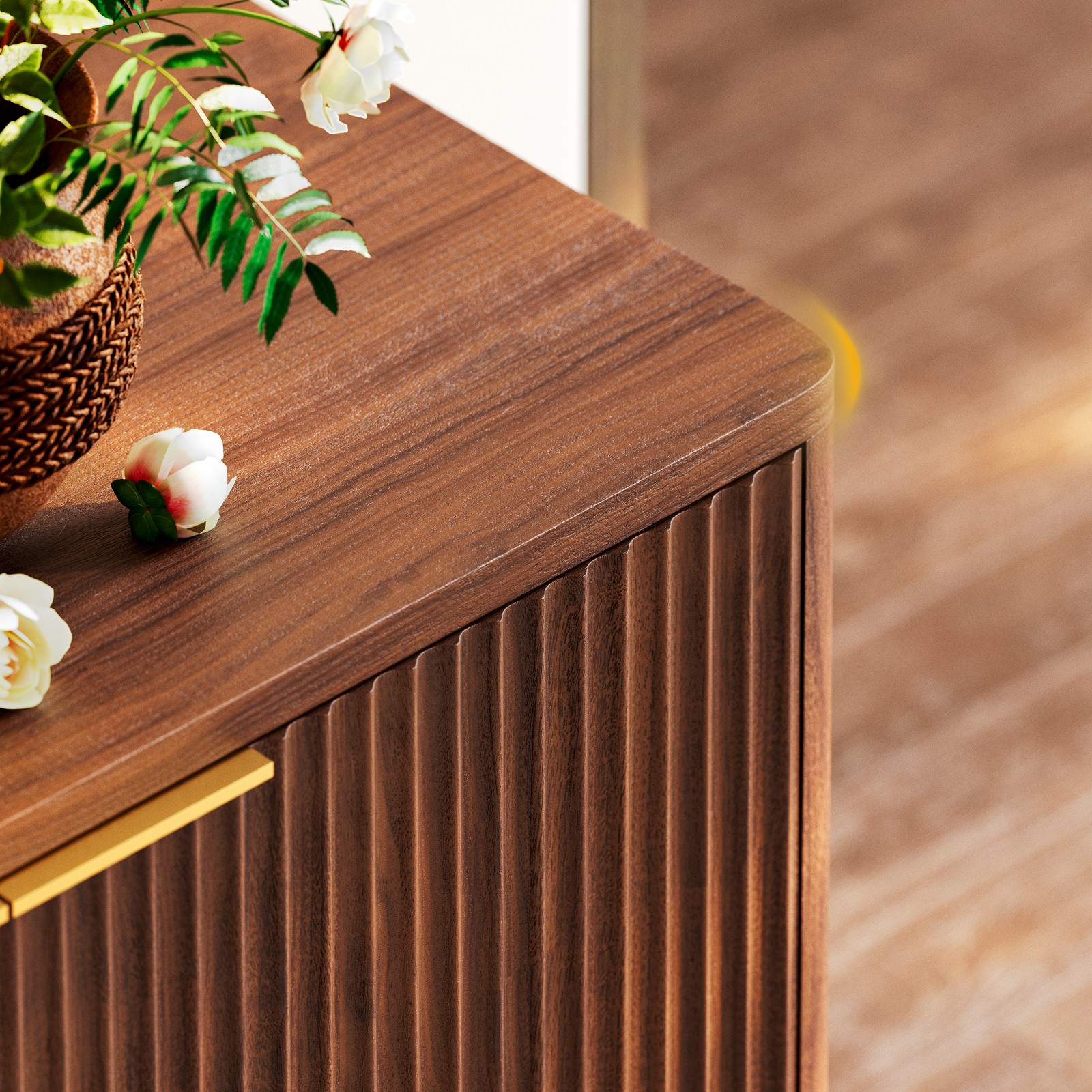 94.5″ Walnut Fluted Credenza with 6 Doors, Sideboard, Media Console
