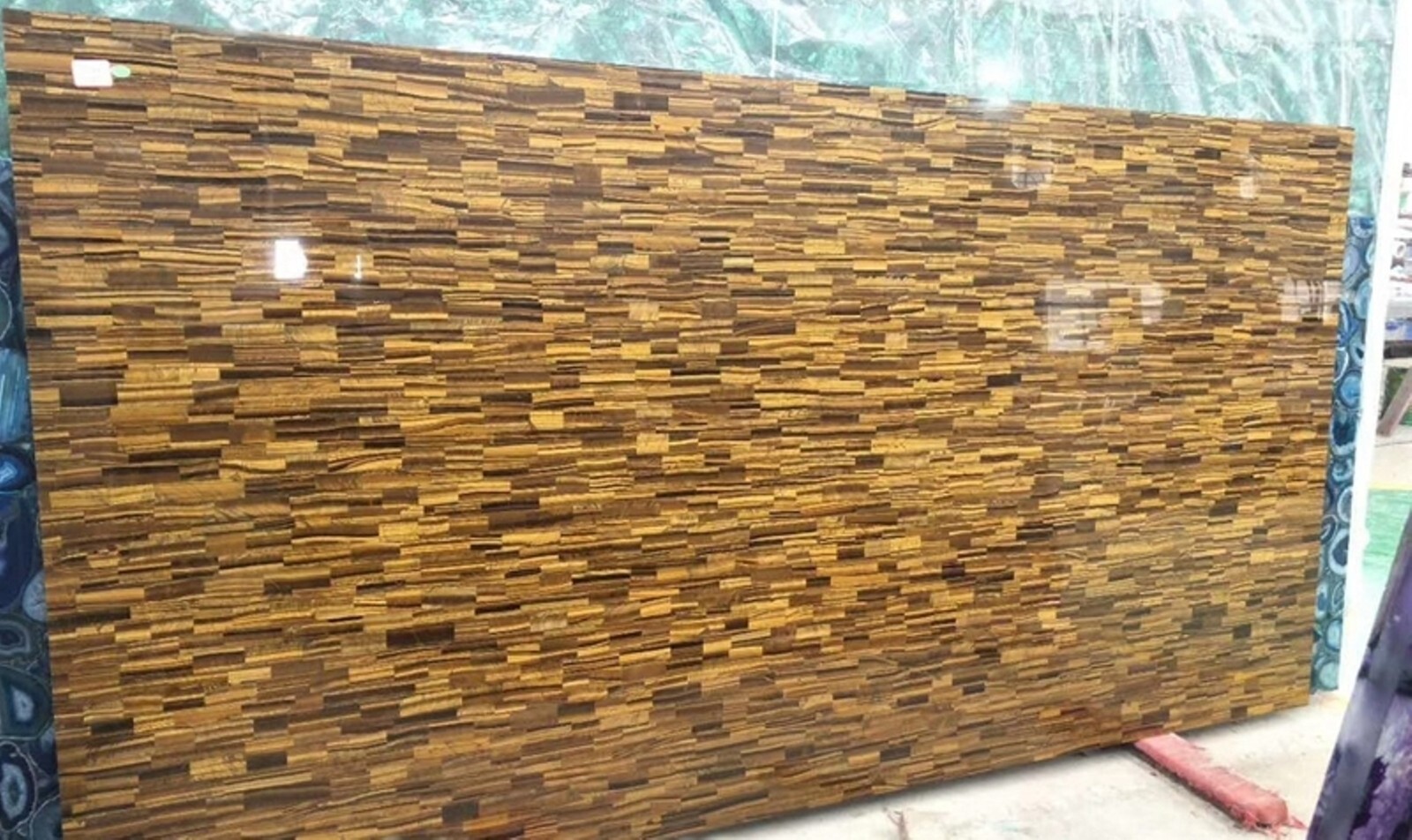 Square Coffee Table Top with Brick Design Tiger Eye Stone Hallway End Table