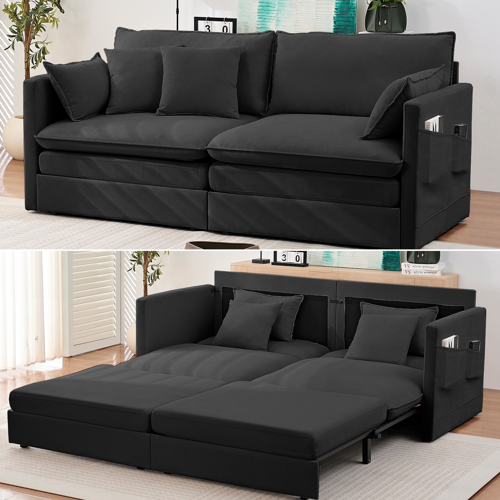 Zafly 78″W Convertible Sleeper Sofa, Queen Pull Out Couch Bed With Side Pockets