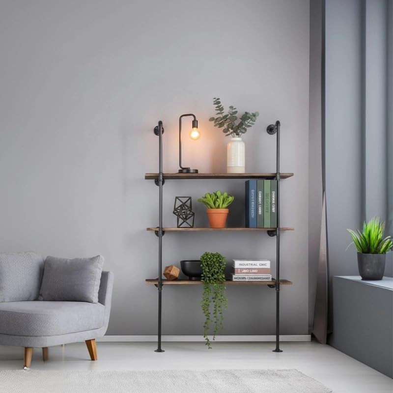 Industrial Pipe Shelving System with 4 Tiers, Black Iron Wall Mount, Floor to Ce