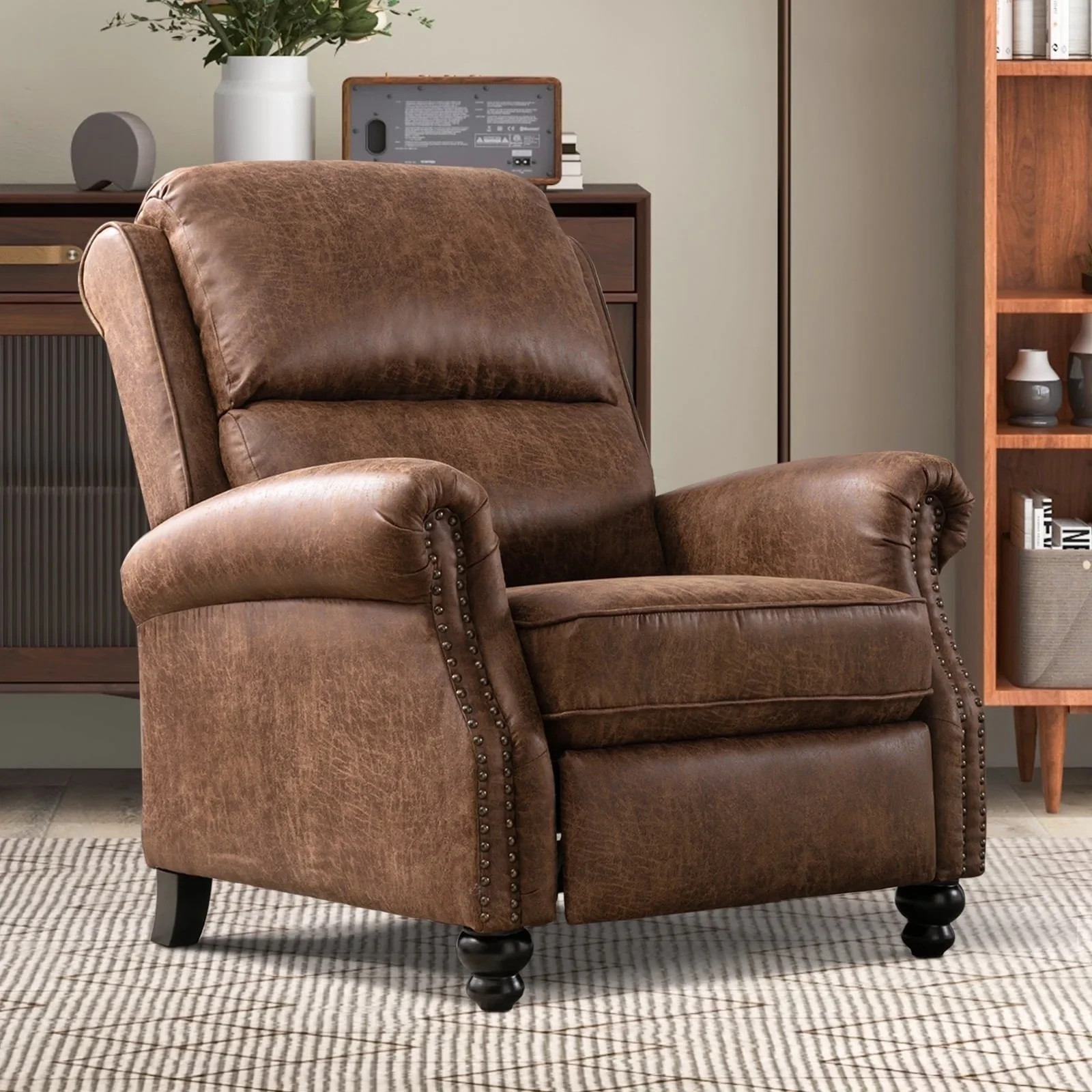 EBELLO Push Back Recliner Chair Studded Faux Leather Armchair for Living Room