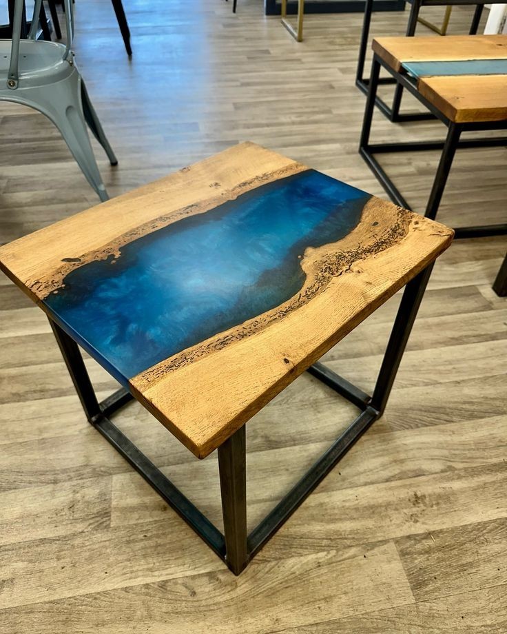 24X24 Blue Resin River Centre Table with Live Edge Wood – Handmade Epoxy Art