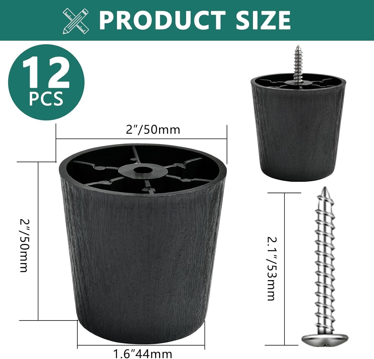 12 Pack 2 inch Plastic Furniture Legs, Round Tapered Black Couch Legs, Screw-in