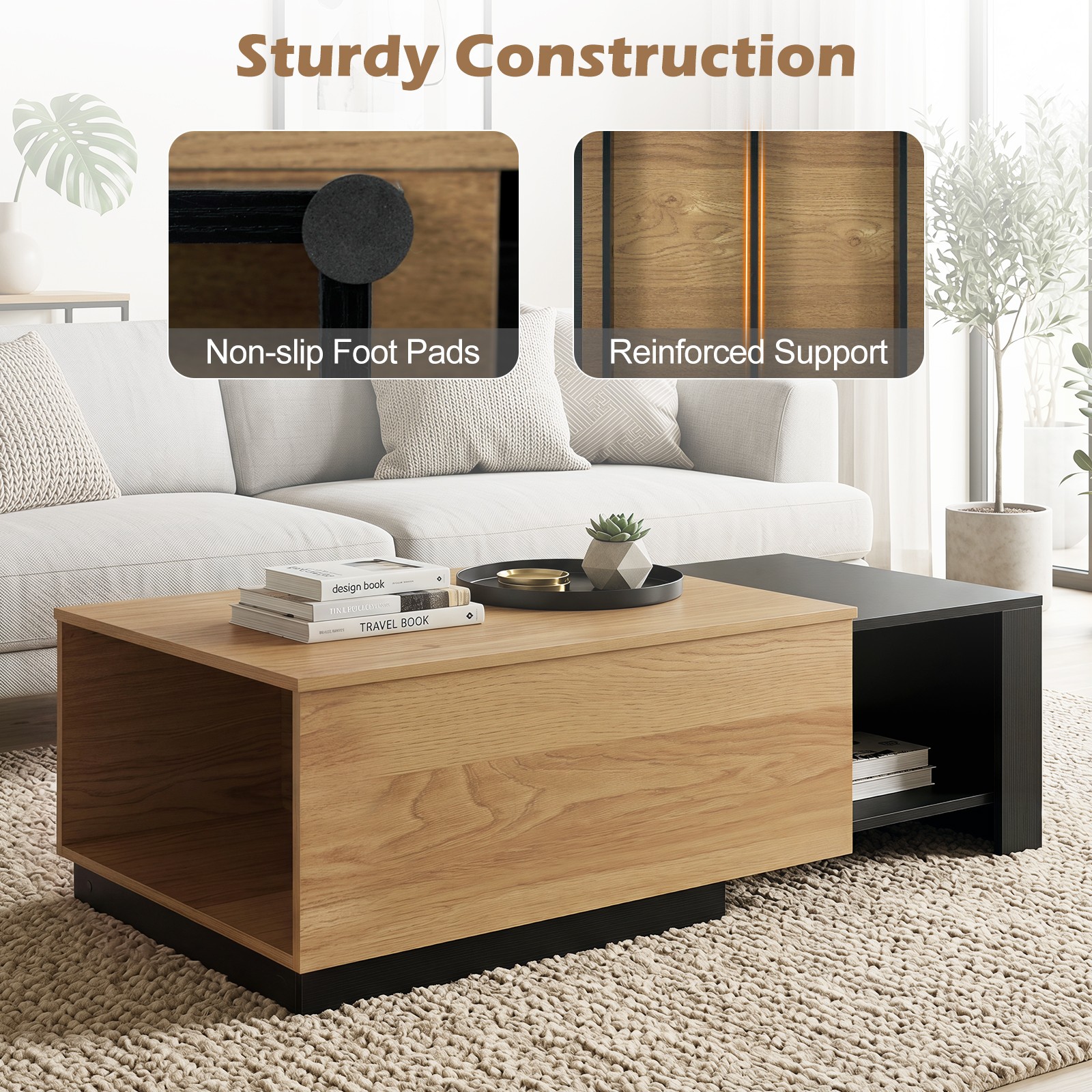 Extendable Coffee table, 21.5”-43.5” Adjustable Length, Low Profile Center Table