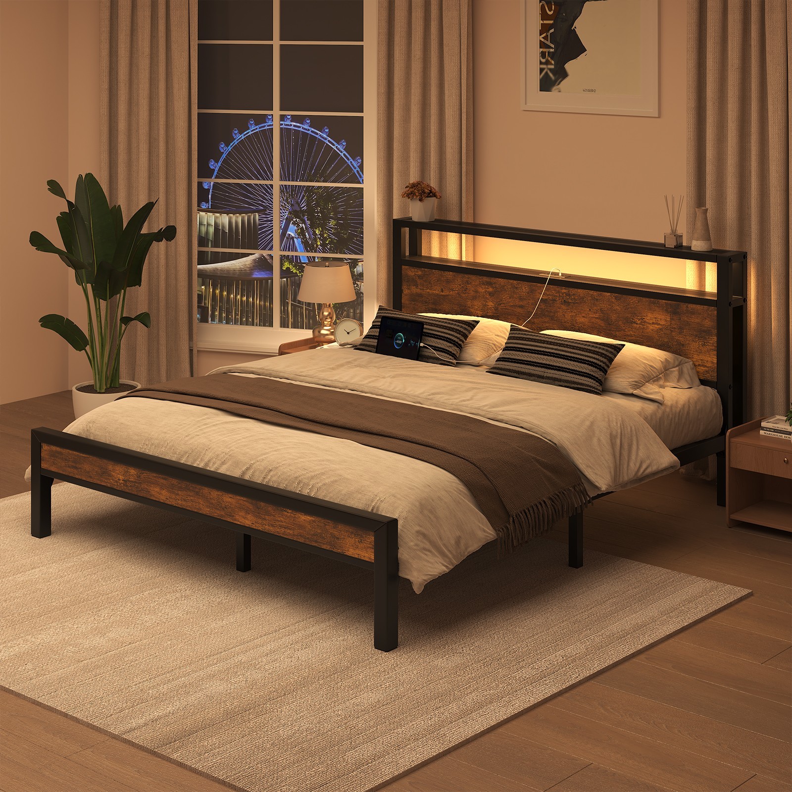 LED Light Bed Frame with 2-Tier Storage Headboard and Charging Station/Grey