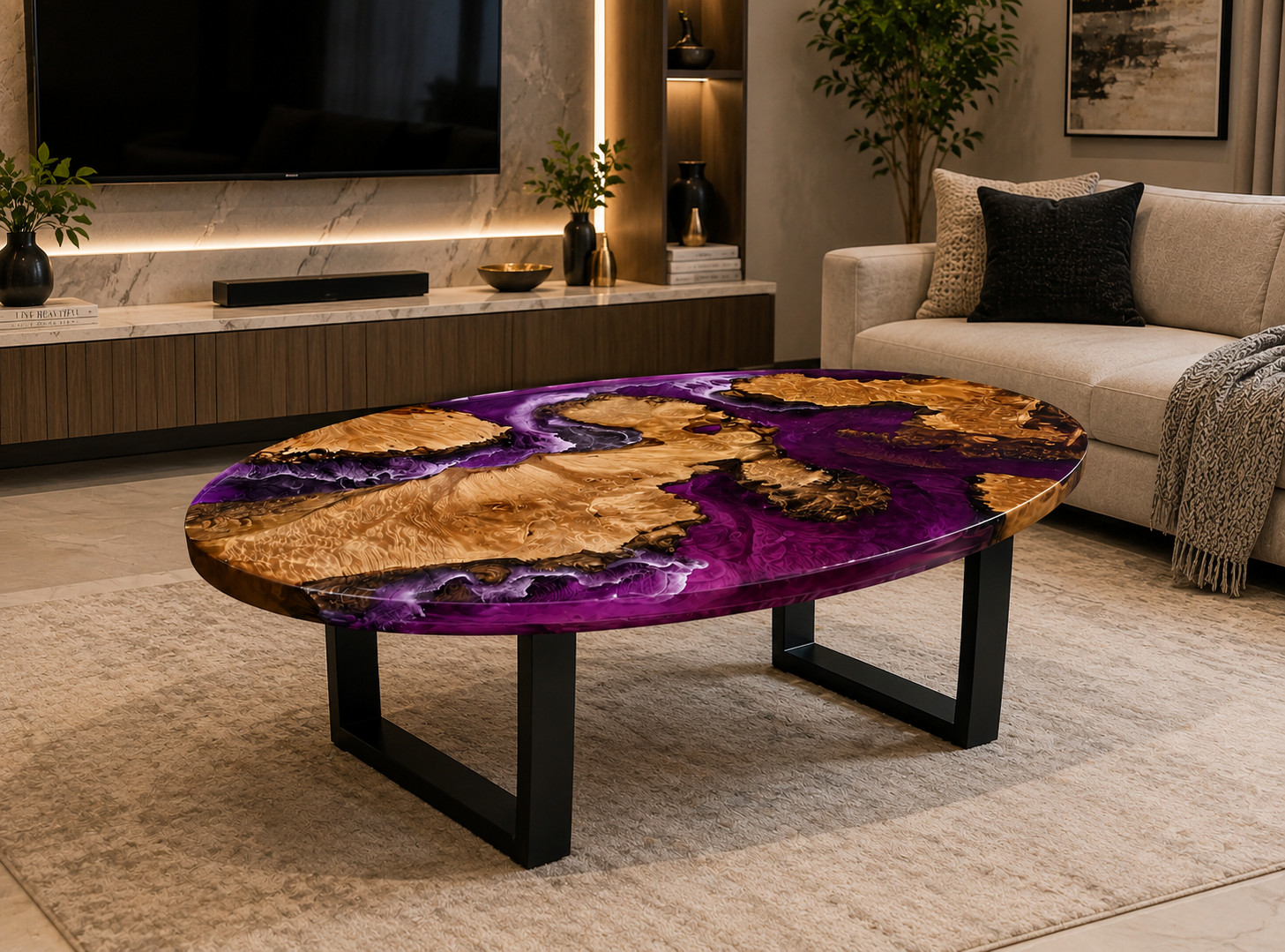 Oval Purple Epoxy Ocean Dining Table Walnut Wood Handmade Furniture Garden Decor