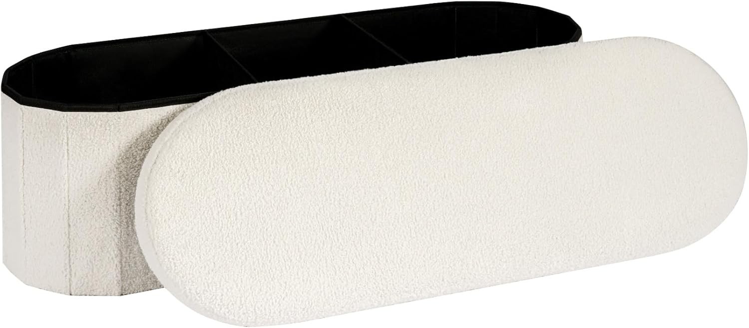 Storage Ottoman Bench 43.3 Inches Oval Ottoman W/ Storage Teddy Boucle Foot Rest