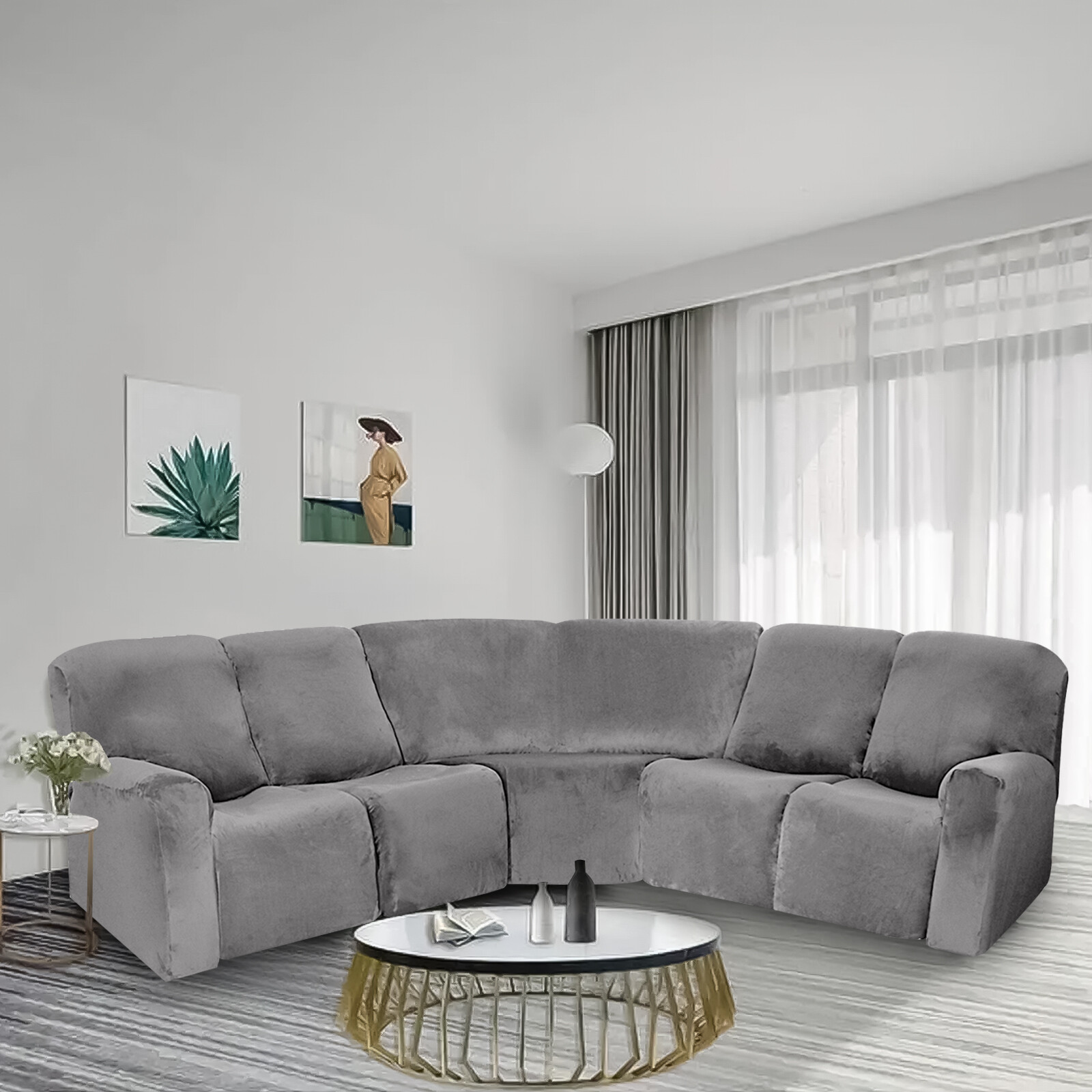 5 Seater Recliner Corner Sofa Velvet Stretch Couch Covers Curved Shape Sectional