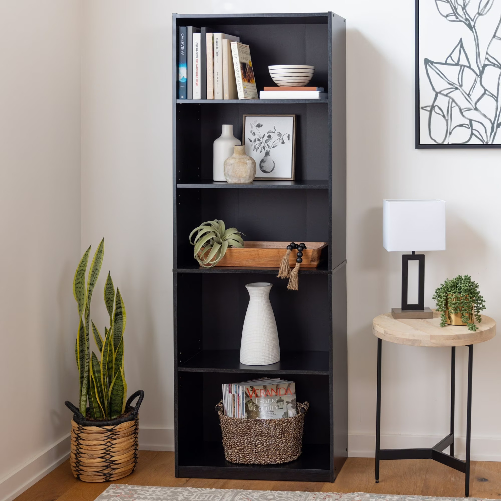 Mainstays 5-Shelf Bookcase w Adjustable Shelves, True Black Oak, Sleek & Sturdy