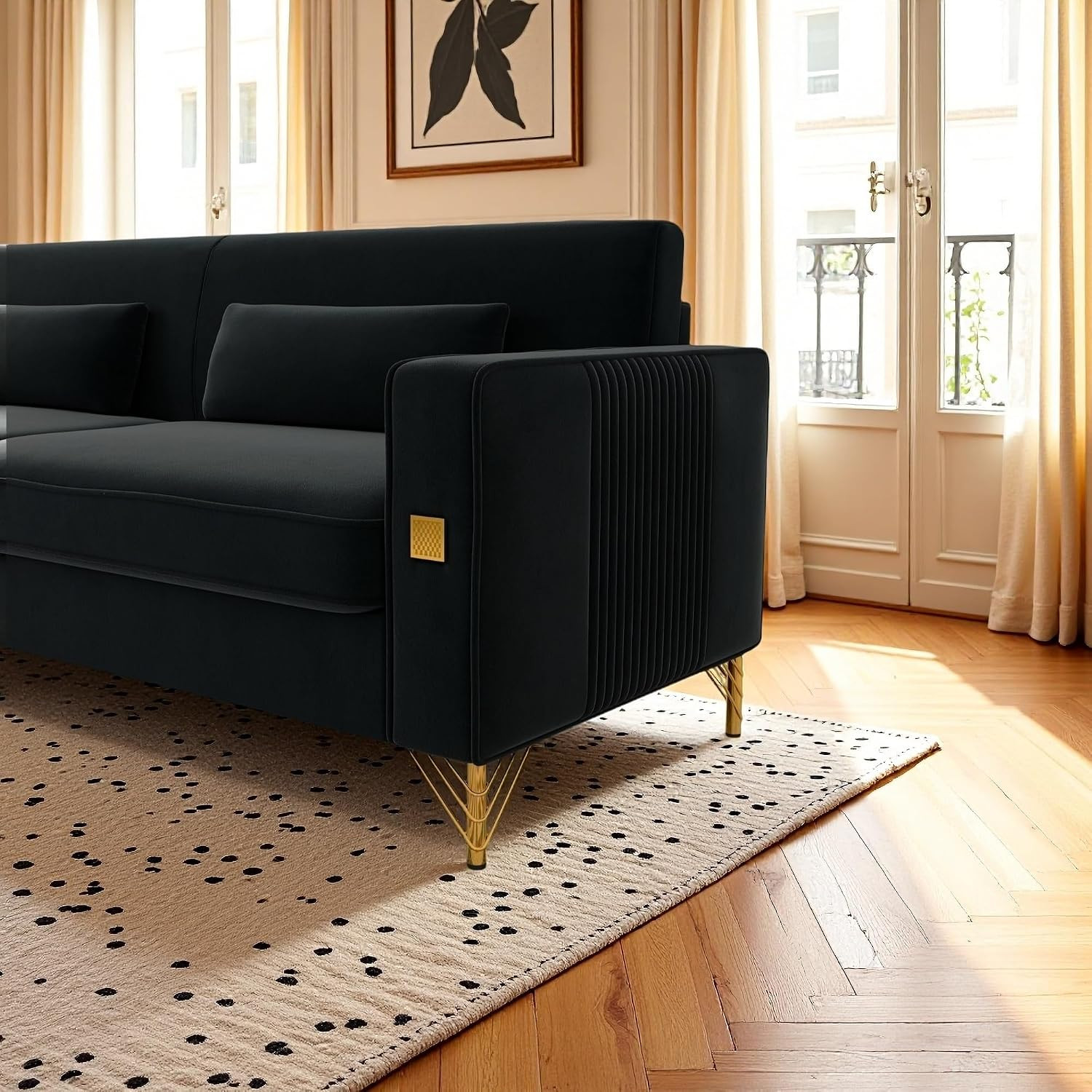 Luxury 86″ Velvet Sofa with Removable Cushions and Gold Accents, Black