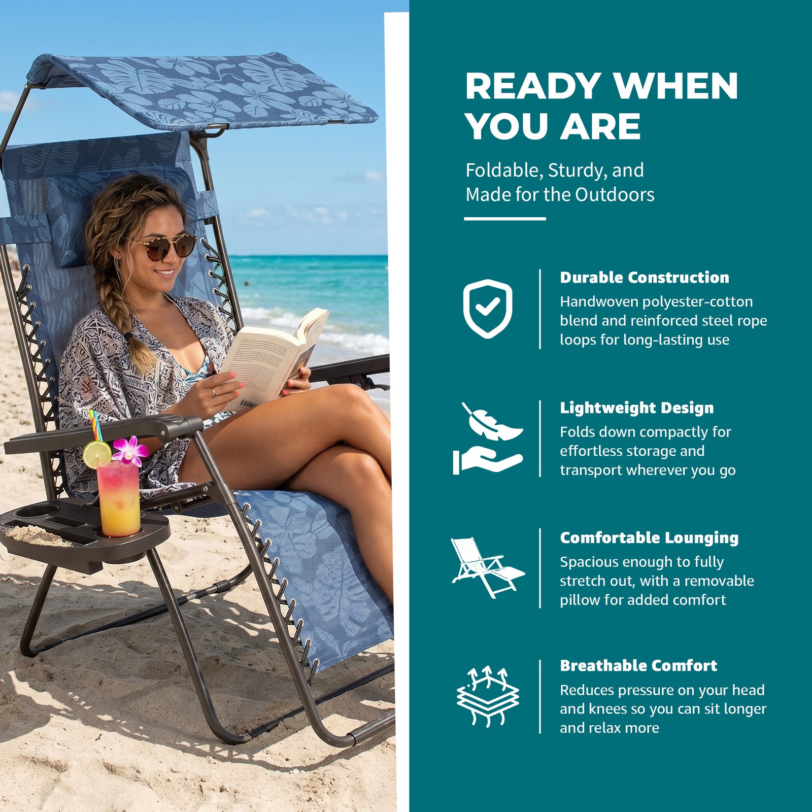 Bliss Hammocks 33″Wide XXL Zero Gravity Outdoor Lounge Chair W Canopy (Open Box)