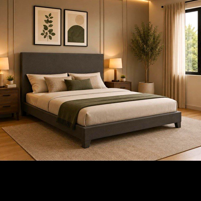 Modern Upholstered Queen Platform Bed Frame, Tall Headboard, Beige Wood