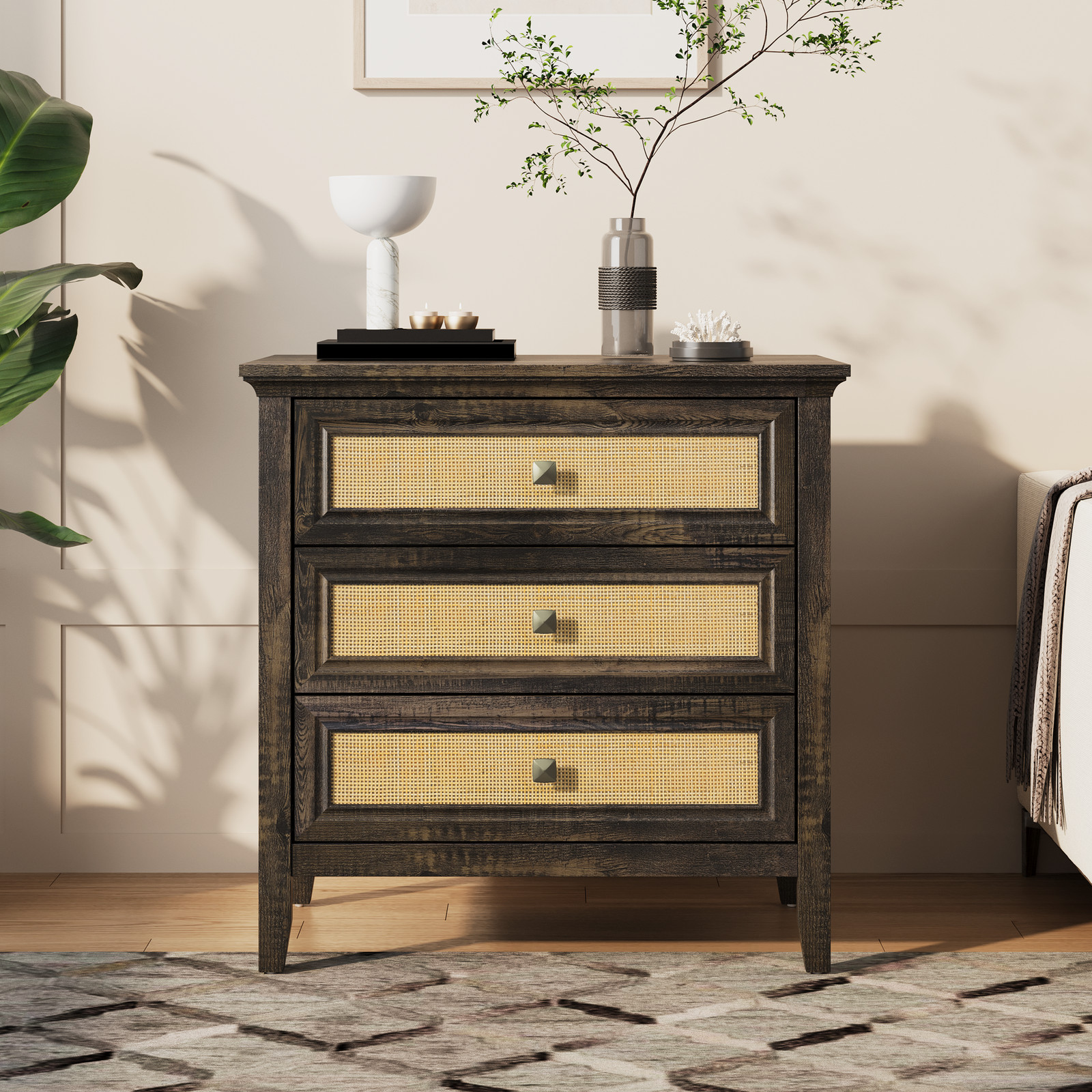 3 Drawer Dresser Chest Nightstand Dark Rustic Oak Particle Board MDF