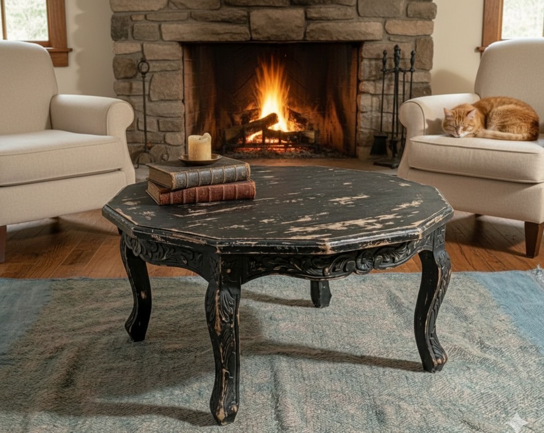Indian Carved Octagonal Coffee Table White Wash Distressed Solid Wood Center…