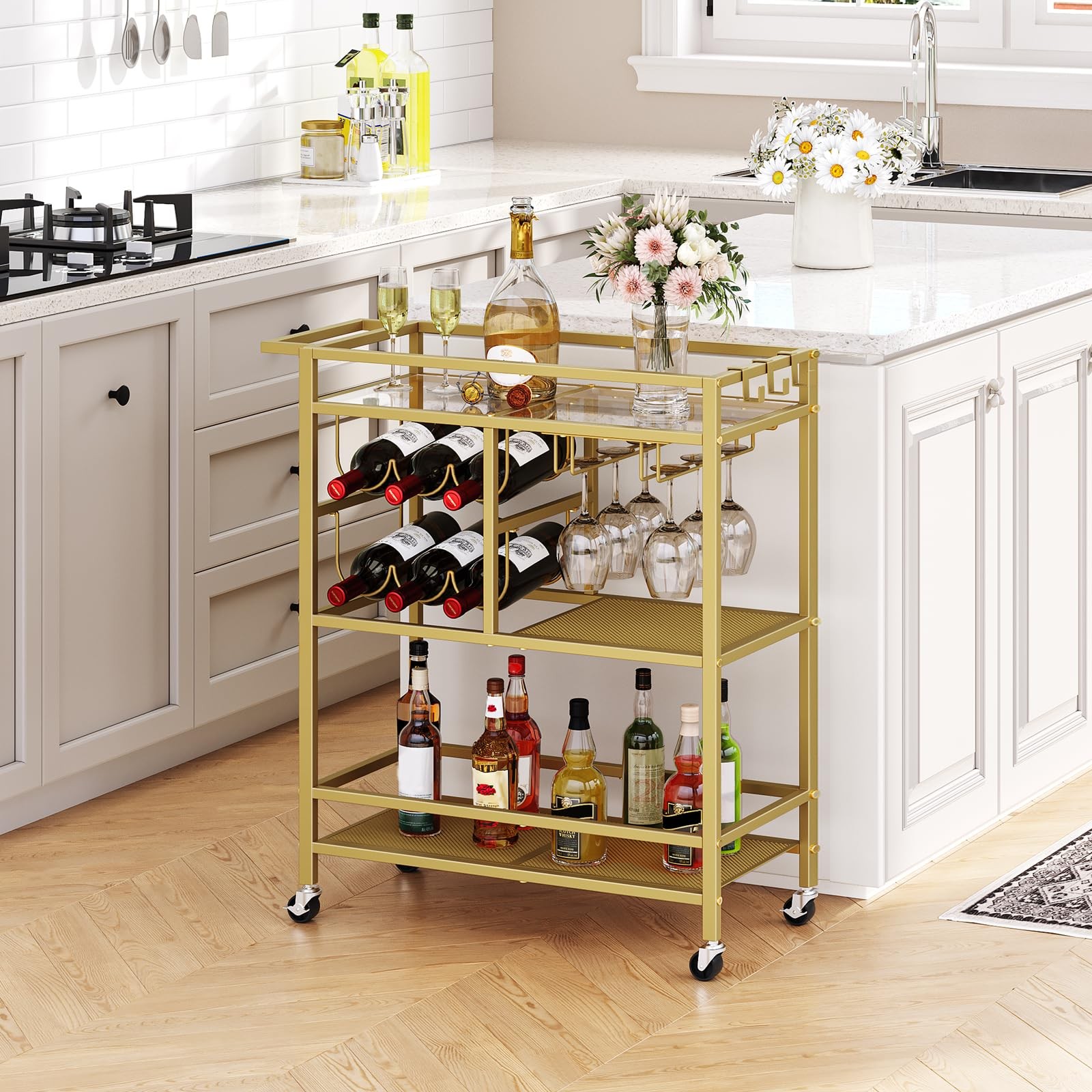 Mahancris Bar Cart For Home 3-Tier Serving Cart Wheels And Handle Beverage Cart
