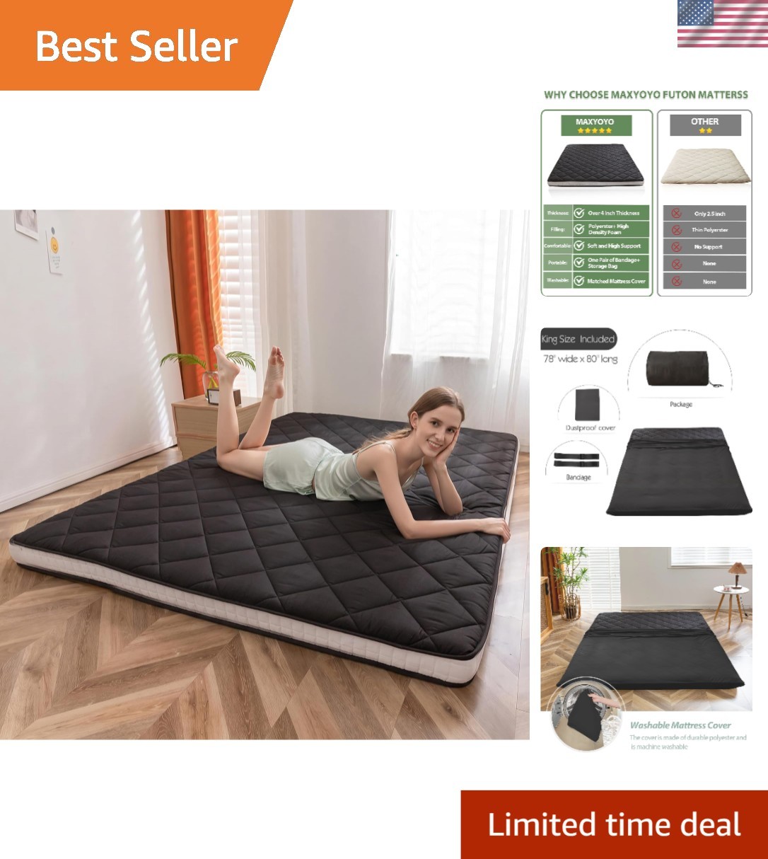 Luxurious King Size Foldable Japanese Futon Mattress with Diamond Quilting