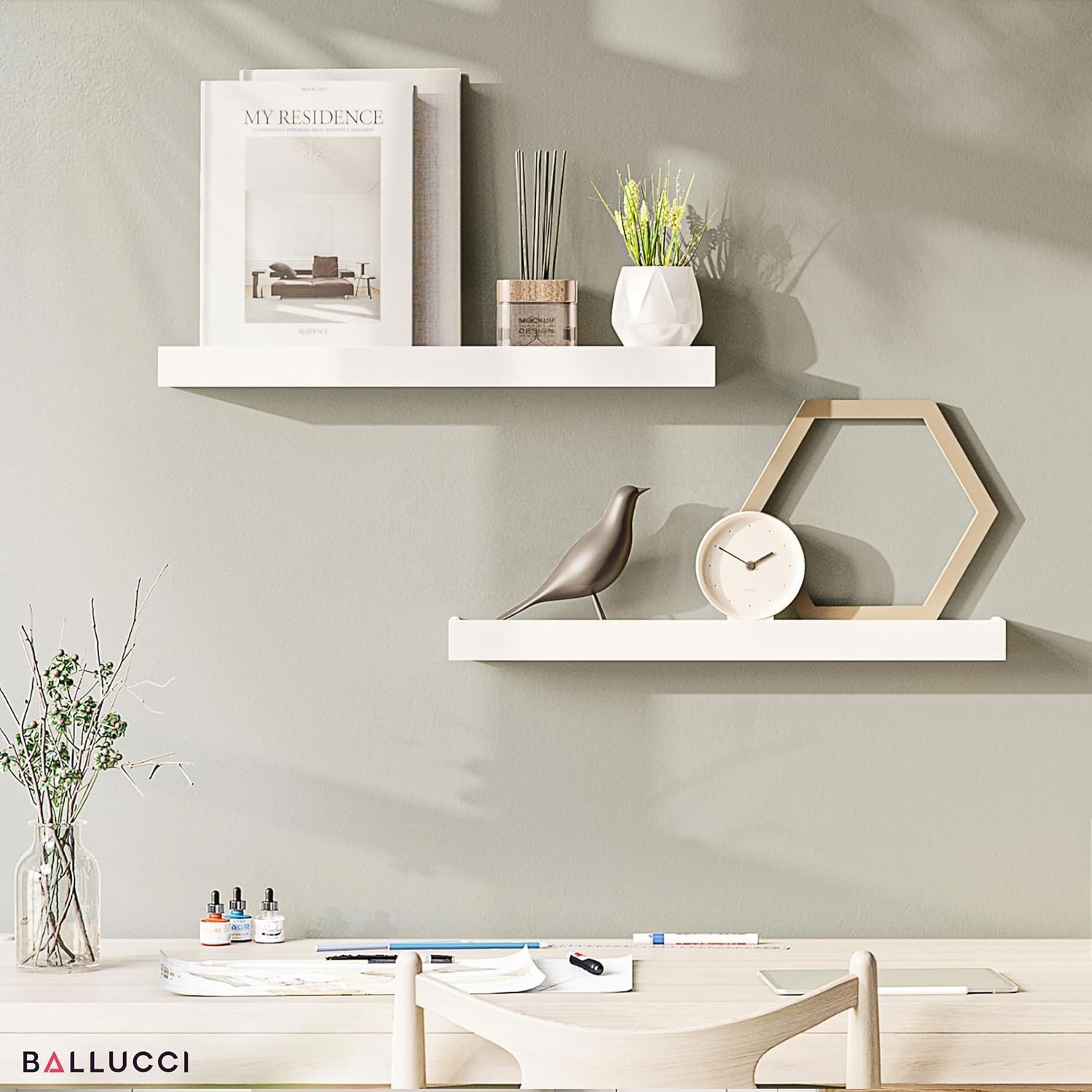 Space-Saving 24″ White Floating Wall Shelves – Set of 2 with Adjustable Design