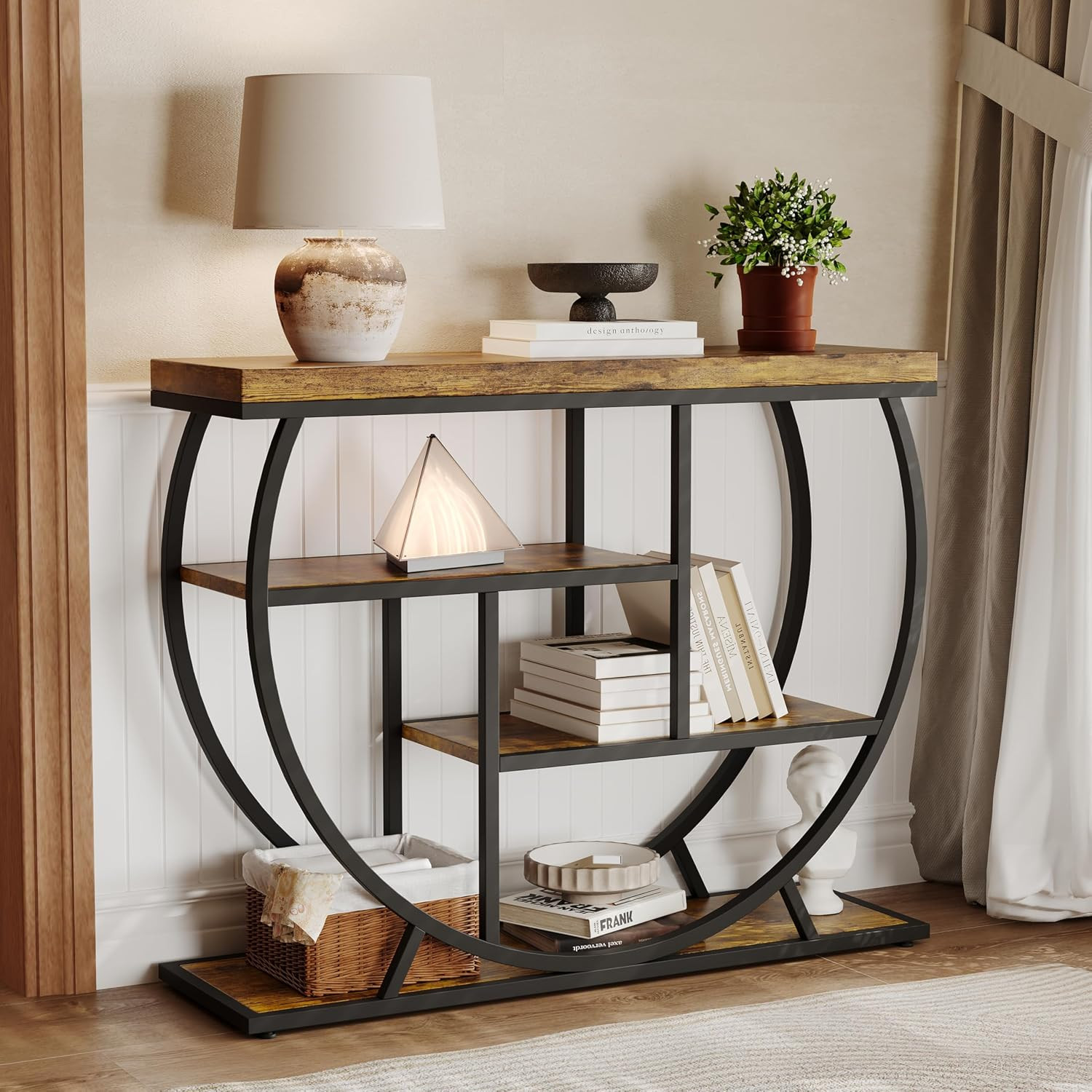 Rustic 39″ Farmhouse Console Table with 4 Tiers & Metal Frame for Entryway