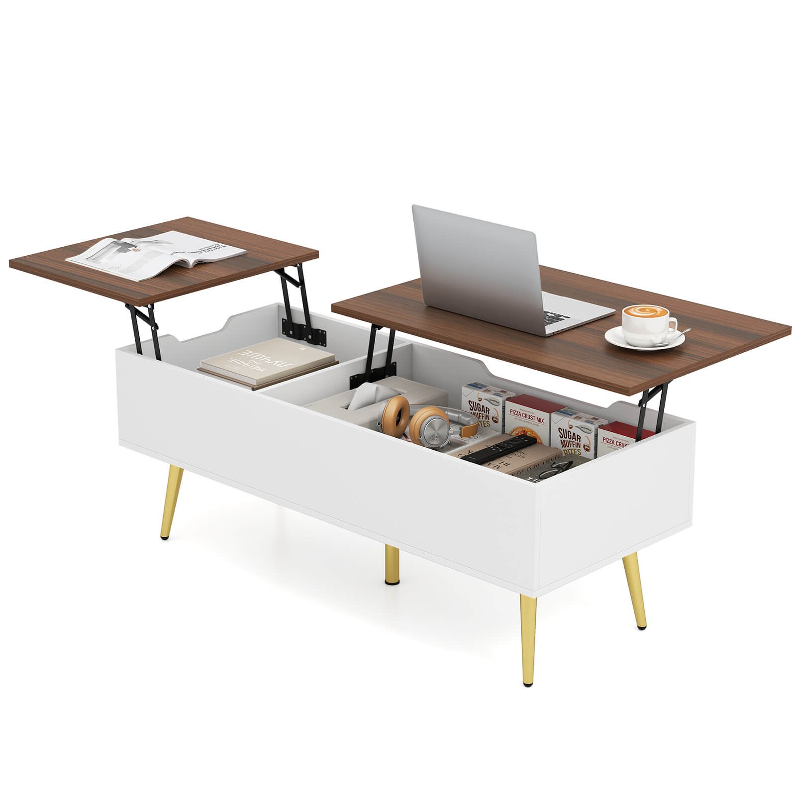 Lift Top Coffee Table with Split Top & 2 Hidden Compartments Tapered Metal Legs