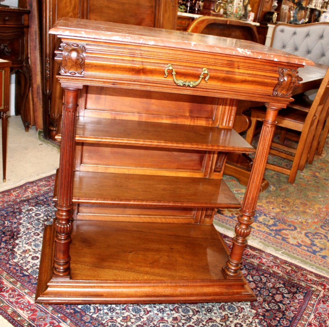French Antique Marble Top Henry II Walnut Small Sideboard / Server / Entry Side
