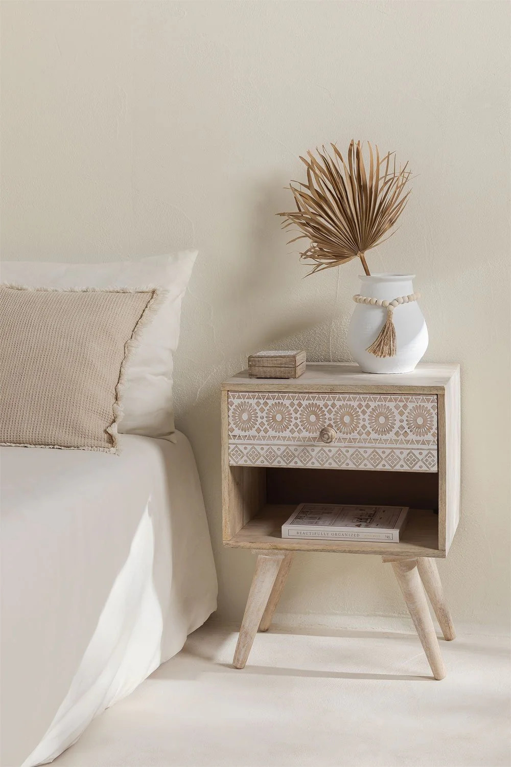 Artisan Handmade Bedside Table Solid Wood Hand Carved 17.7 × 14.4 × 23.4 inches