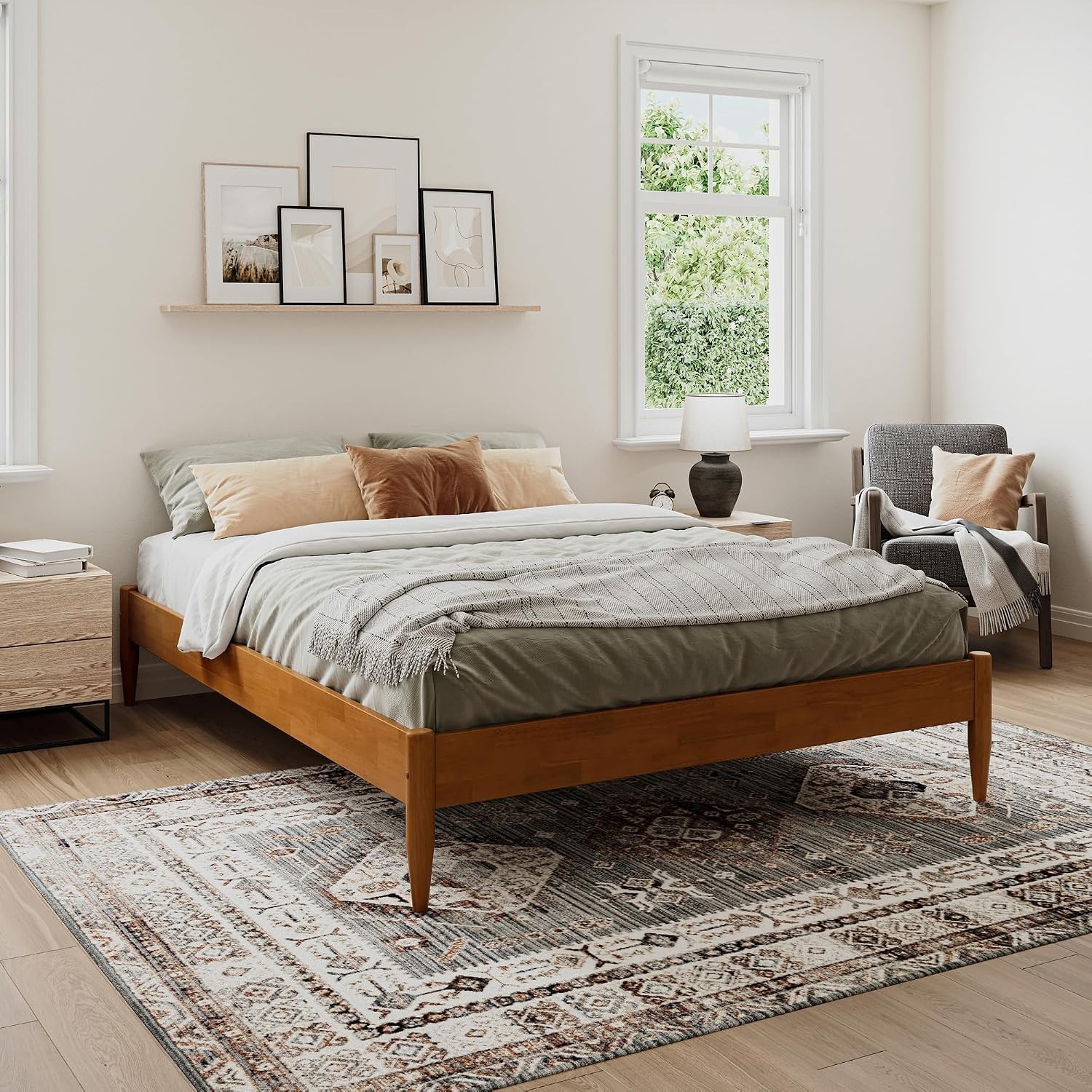 Mid Century Modern 12″ Queen Platform Bed in Light Toffee Finish