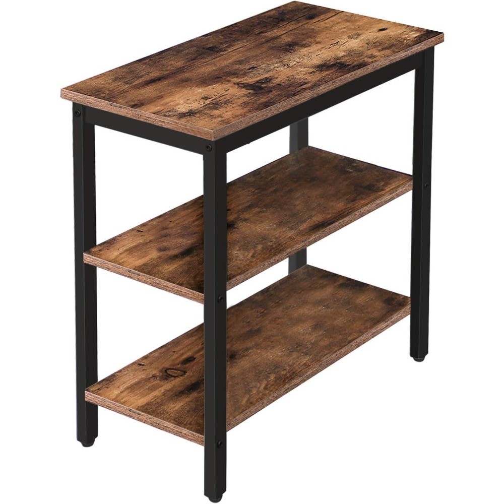 Simple Rustic Side Table with 3-Tier Storage Shelf,Rustic Brown and Black