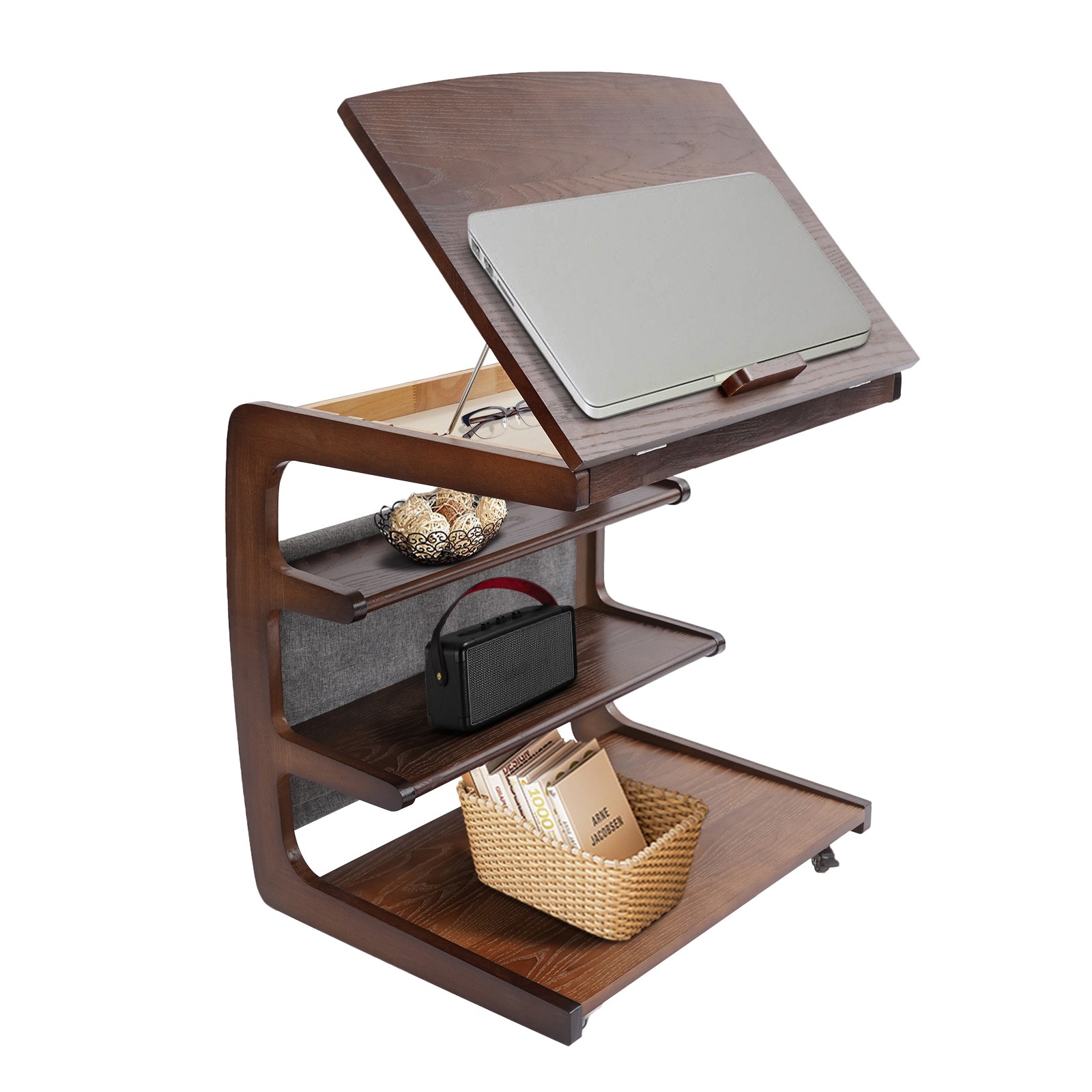 24.8 in 4-tier C-shaped Side Table, Rubberwood Side Table with Wheels Indoior