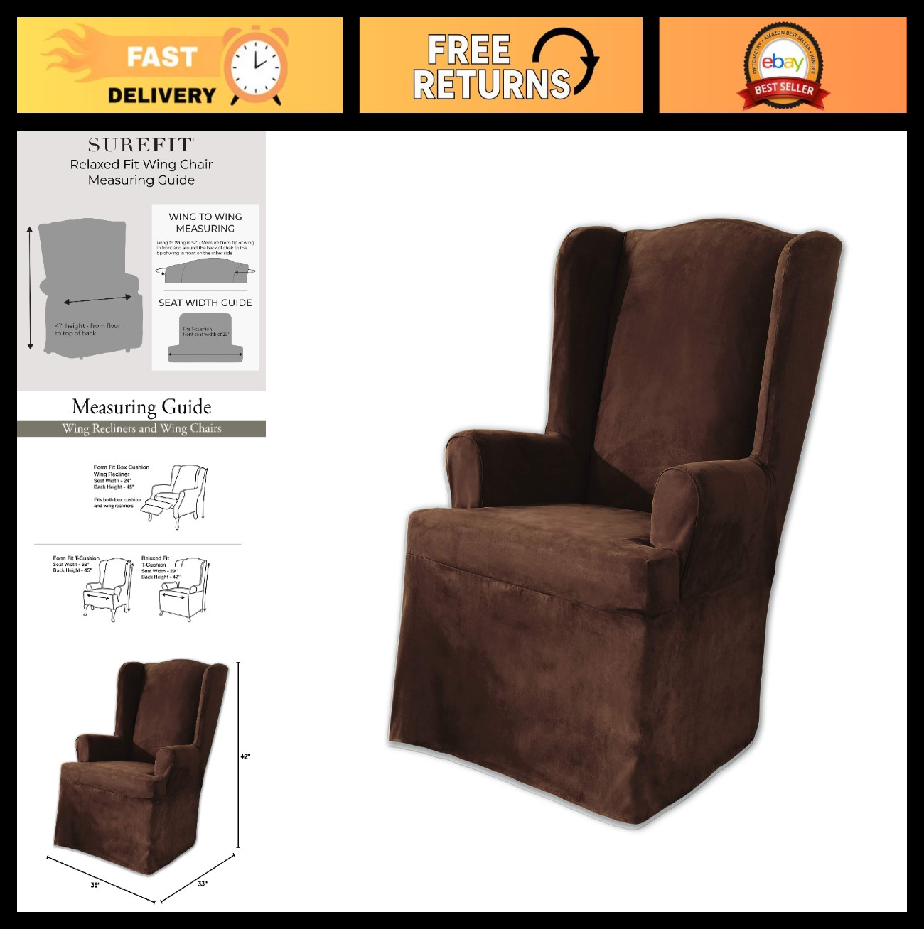 Soft Suede T-Cushion Wing Chair Slipcover, Relaxed Fit, Machine Washable, Chocol