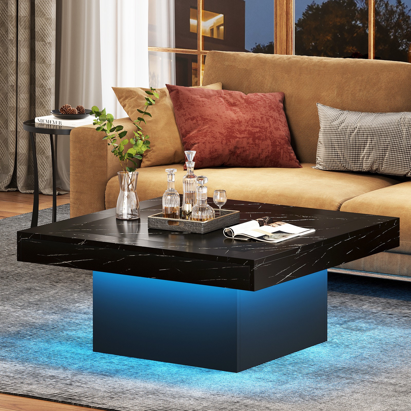 35″ Square Center Table Coffee Table with Led Light, Modern Wood Cocktail Table
