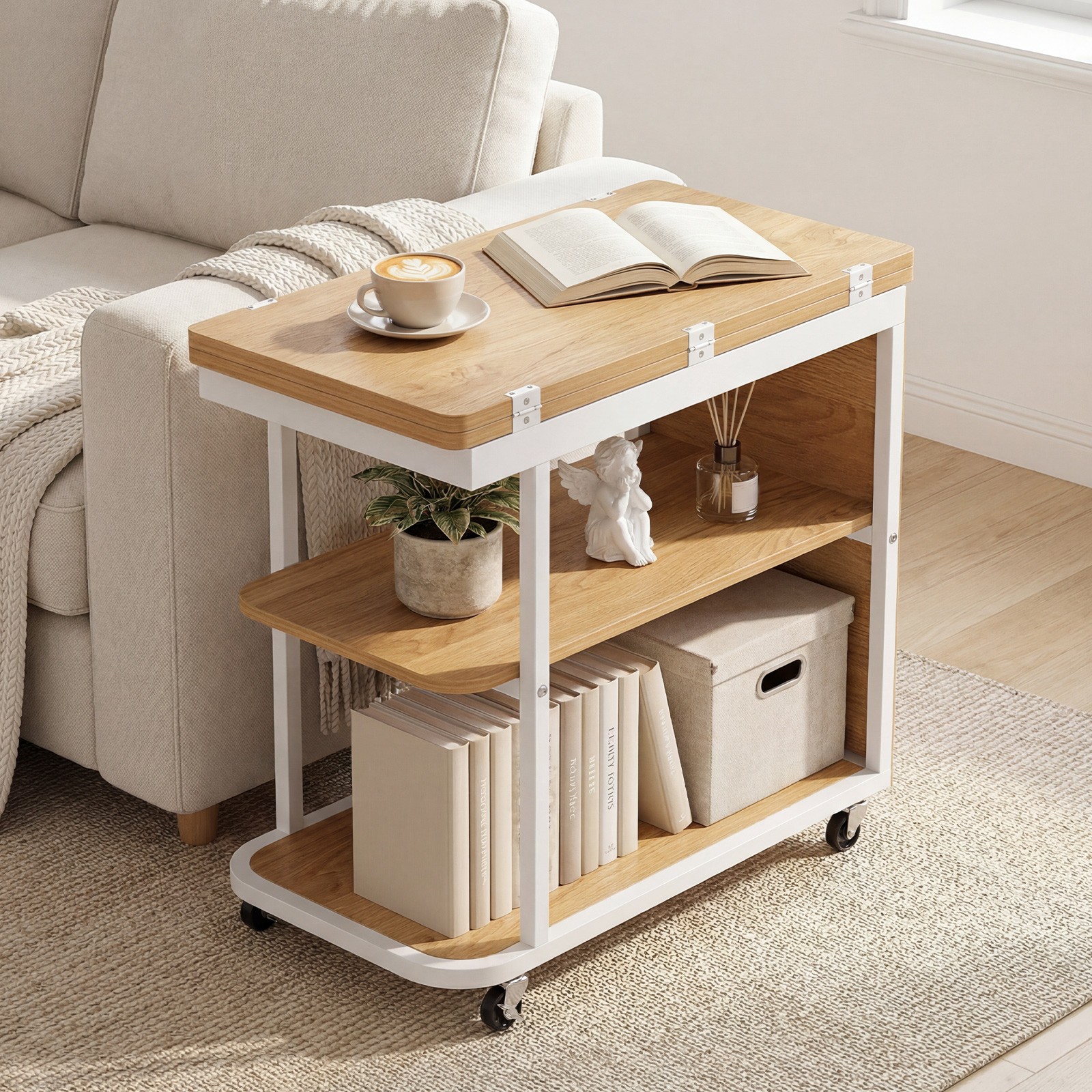 2PCS Sofa Side Table, Mobile Night Stand with Foldable Swivel Top, 2-Tier Shelf