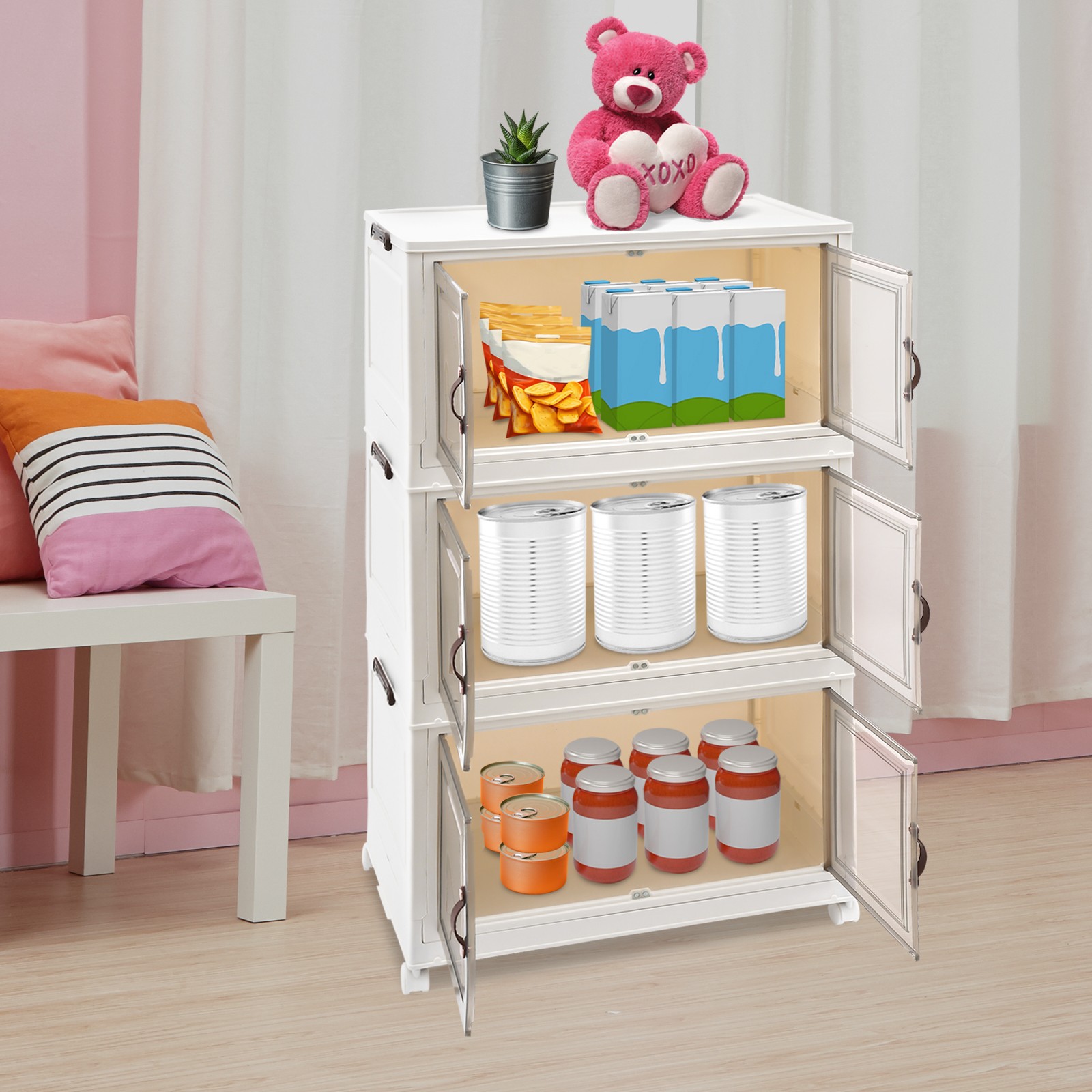 3PCS Foldable Stackable Storage Cabinets with Wheels White 25.59*16.54*43.5in