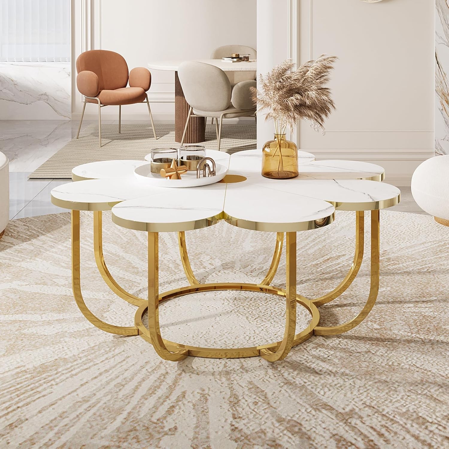 Modern Flower-Shaped Coffee Table with Faux Marble Tabletop, White & Gold