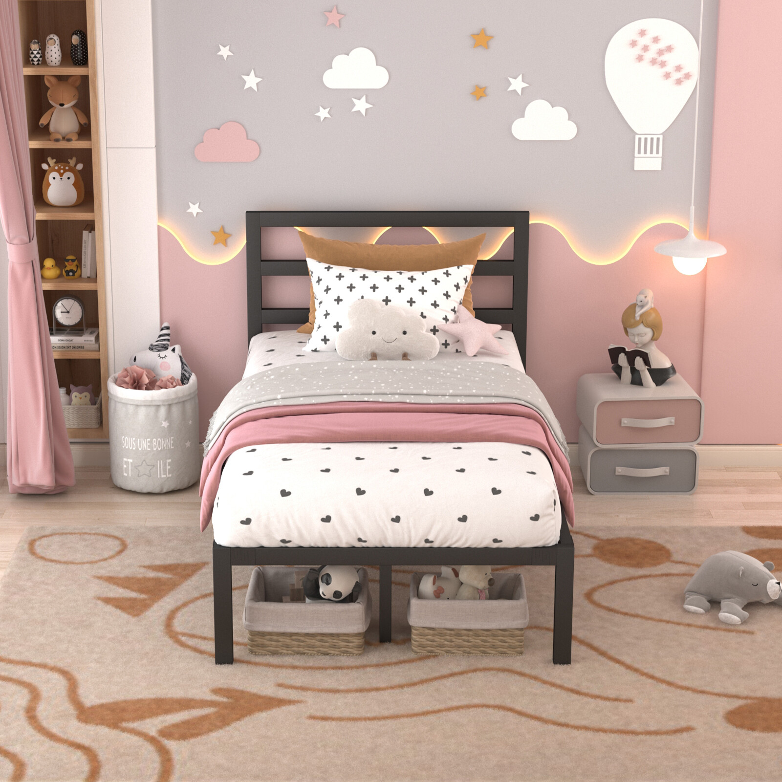 Twin Metal Bed Frame with Heavy Duty Metal Slat Support,Modern Platform for Kids