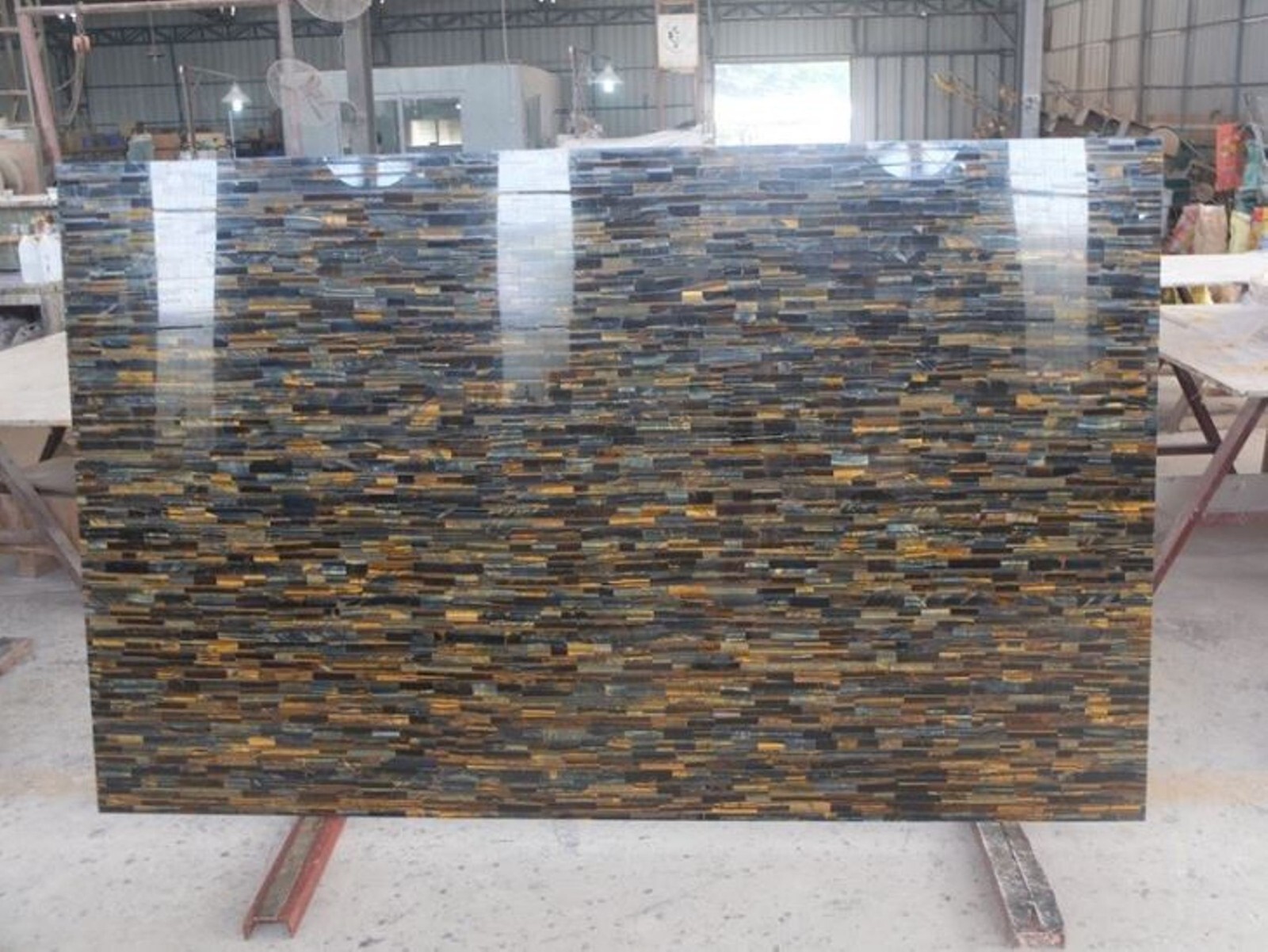 Blue Tiger Eye Stone Overlay Work Coffee Table Top Rectangle Marble Party Table