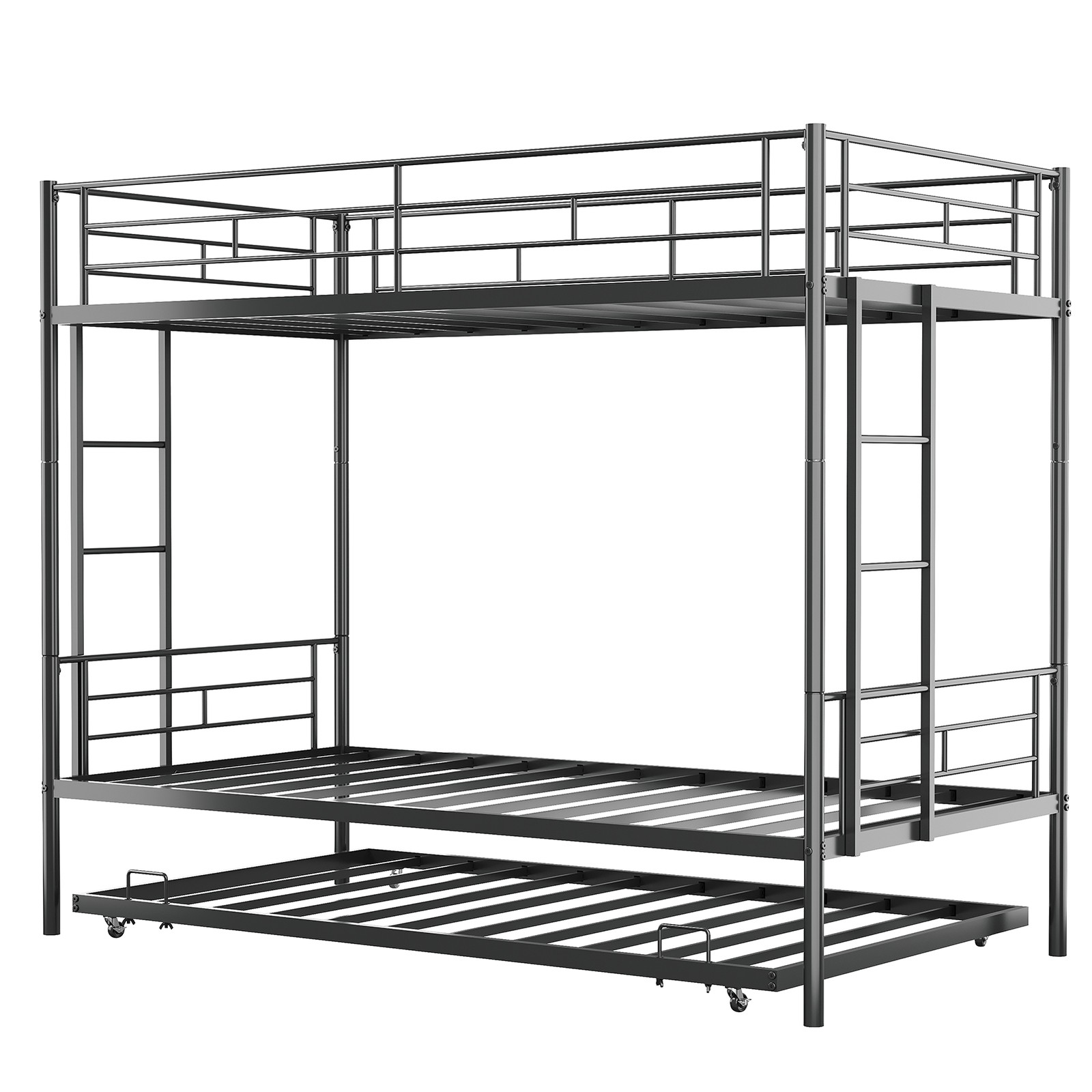 Bunk Bed with Trundle Heavy Duty Iron Bed Frame Noise-Free Slats Lockable Wheels