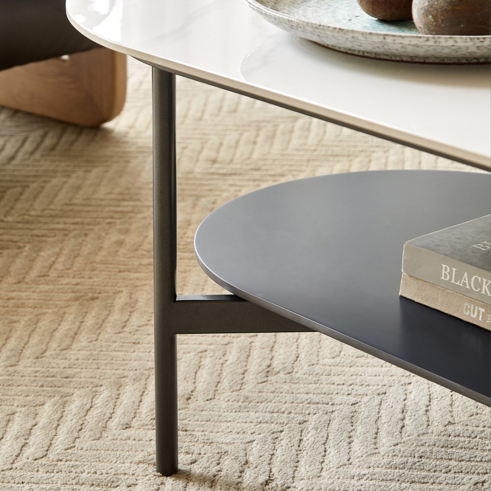 White Ceramic Coffee Table, MDF Painted Double Layer, Brown Bottom Shelf