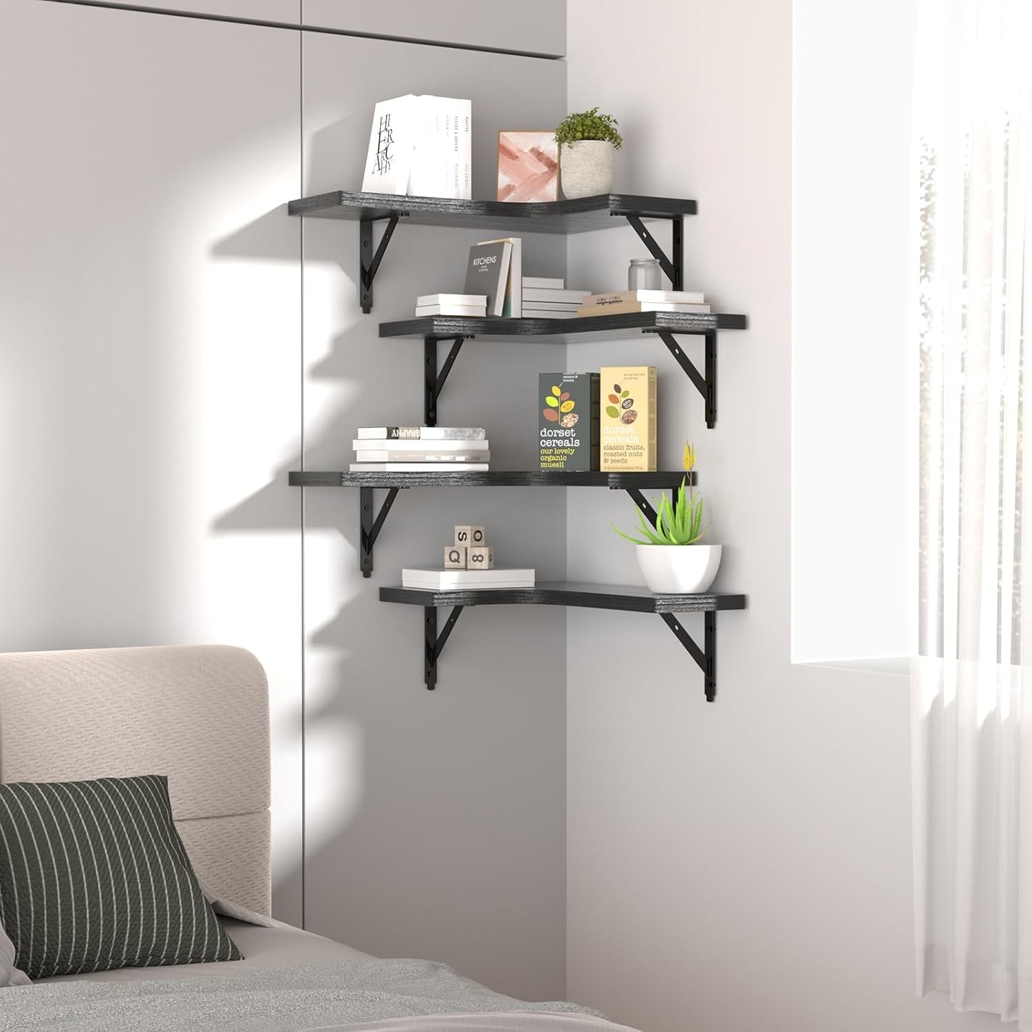 Corner Floating Shelves Wall Mounted Set of 4, Rustic Wood Storage Display