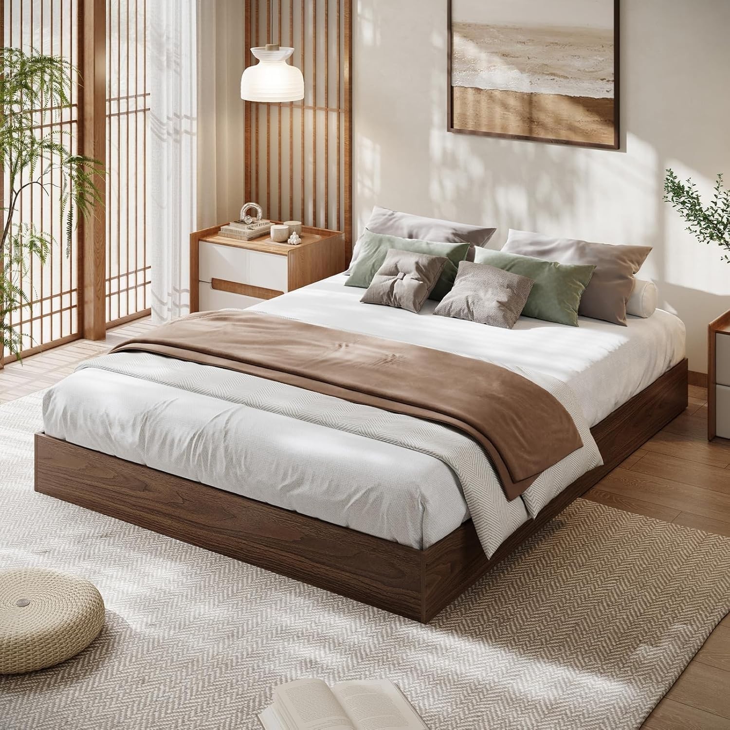 California King Size Bed Frame, Wood Platform Bed with Sturdy Wooden Slats
