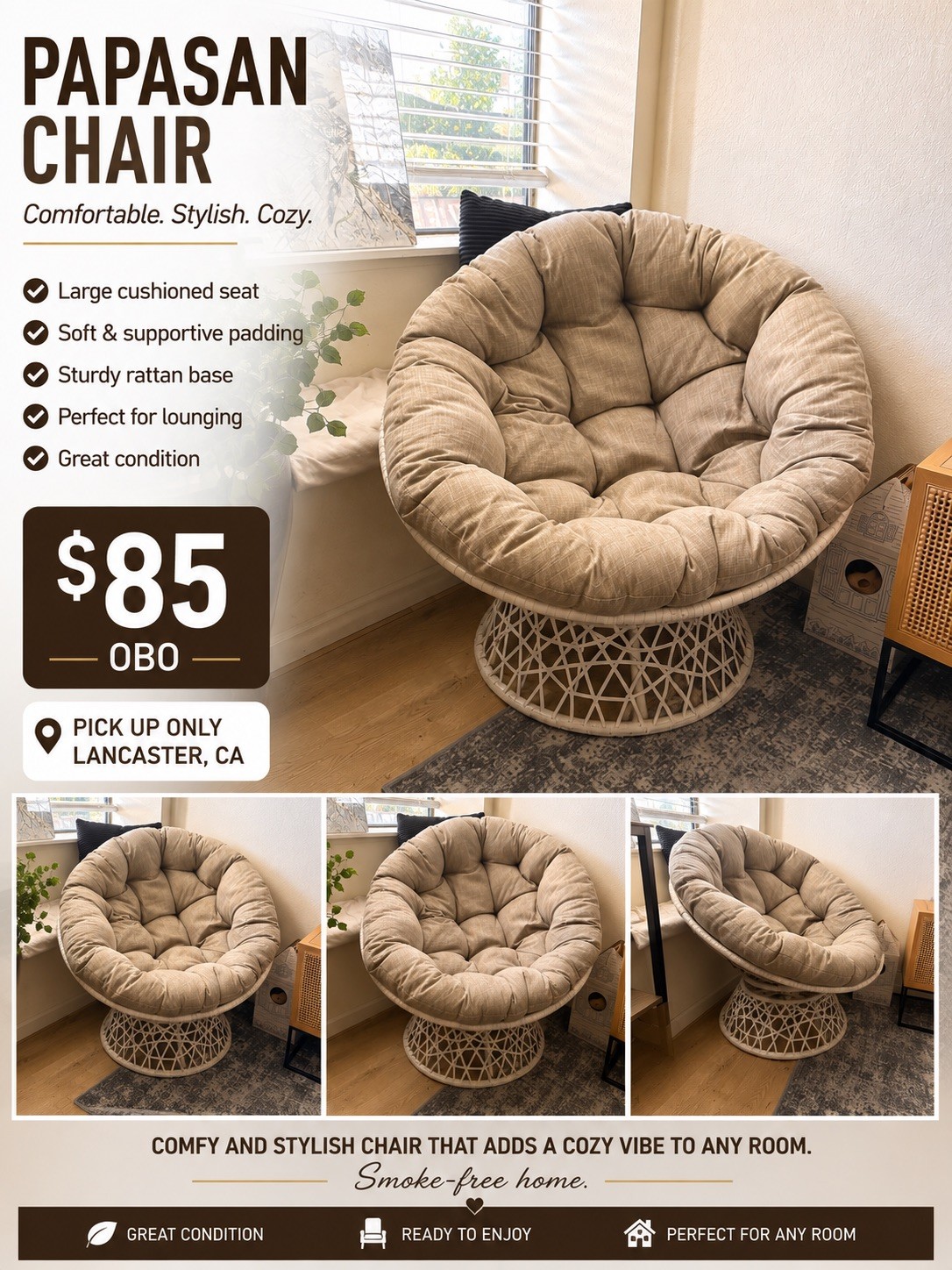 Papasan Chair 40 Ergonomic Wicker Swivel White Steel Frame BME Silver Cloud