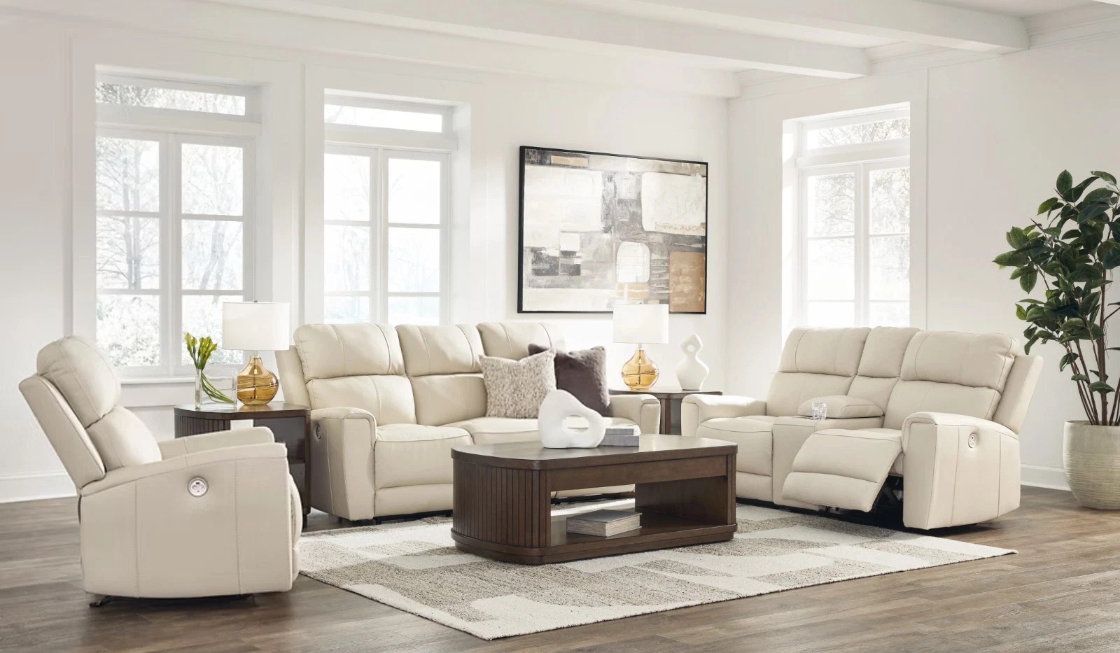 LUXURY Genuine Top-Grain Leather 3PC Sofa Power Recliner Living Room Set Beige