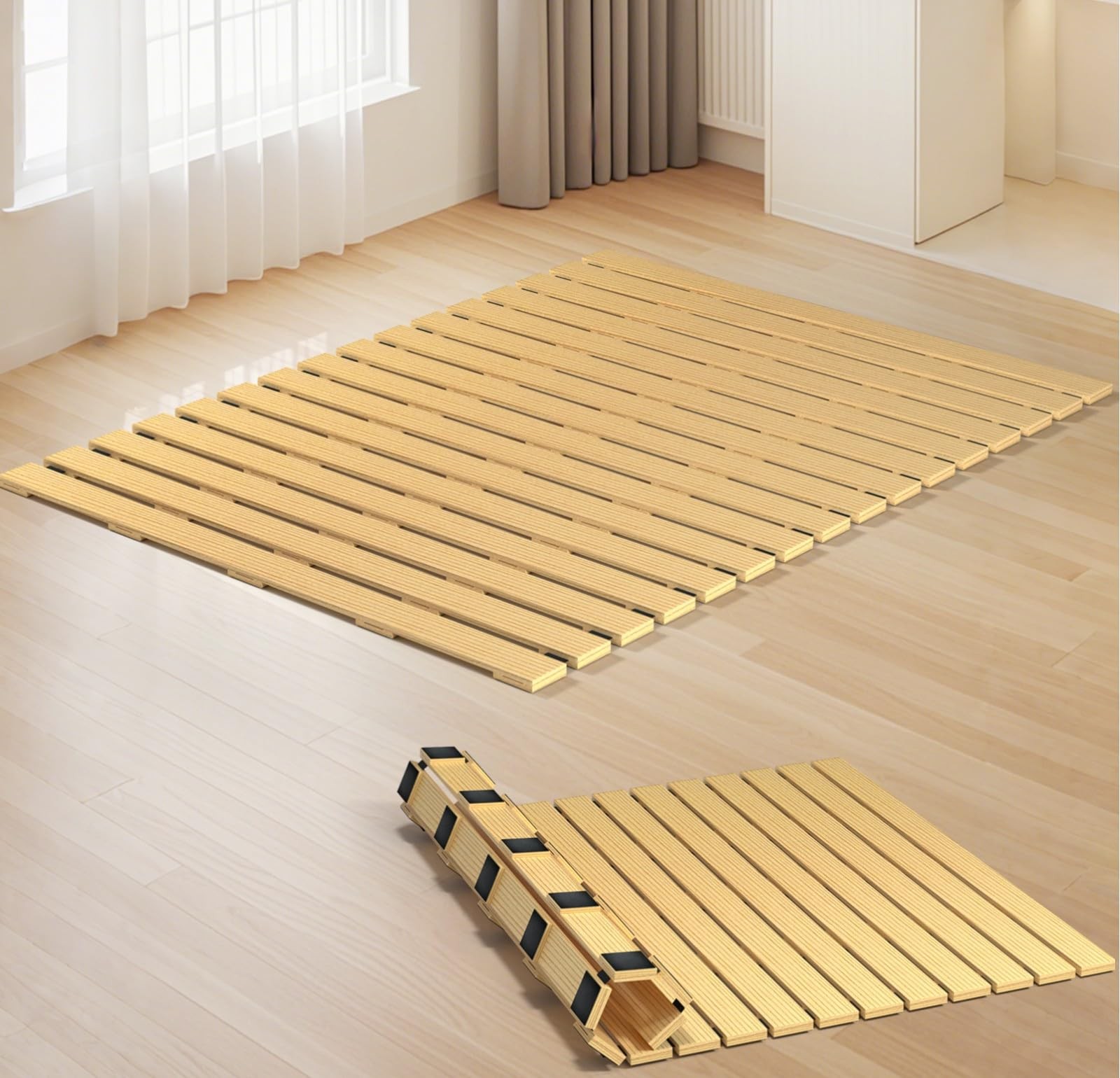 Japanese Tatami Mat Floor Bed, Knotless Solid Wood, Roll-Up Slatted Bed Plate…