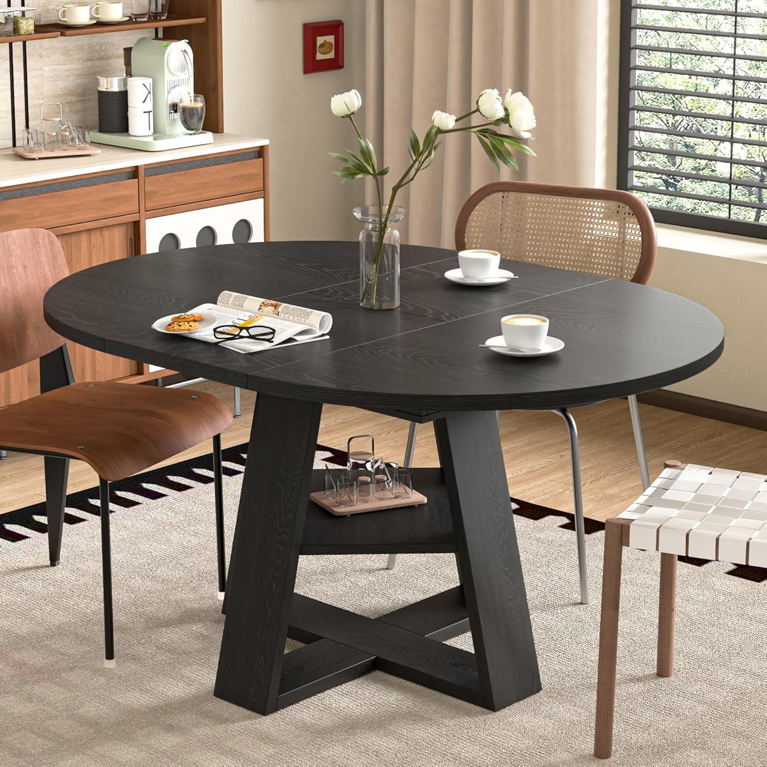 43.3in-59in Extendable Round Dining Table for 4-8,Kitchen Oval Dining Table