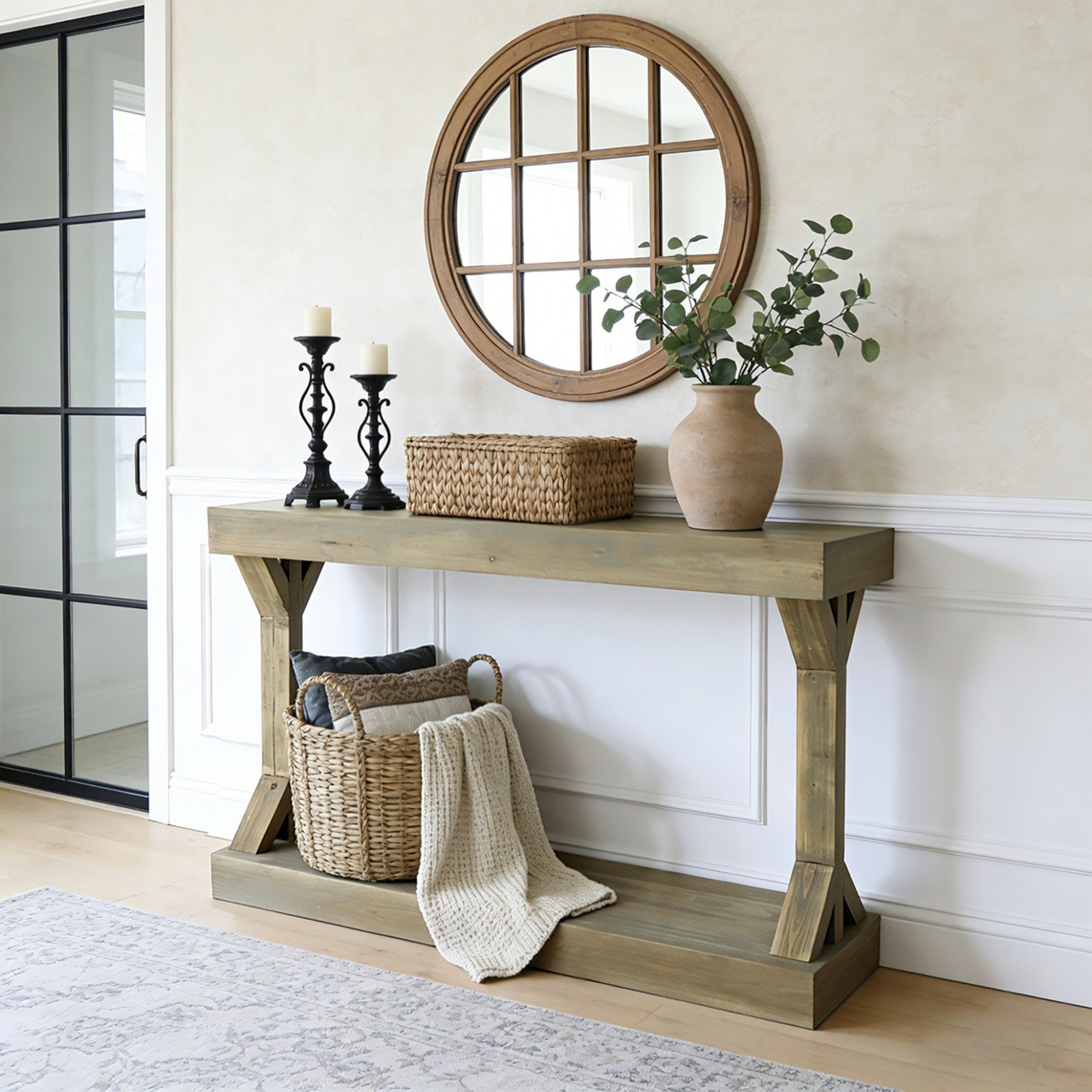 Long Solid Wood Console Table Rustic Farmhouse Entryway Sofa Table with Shelf