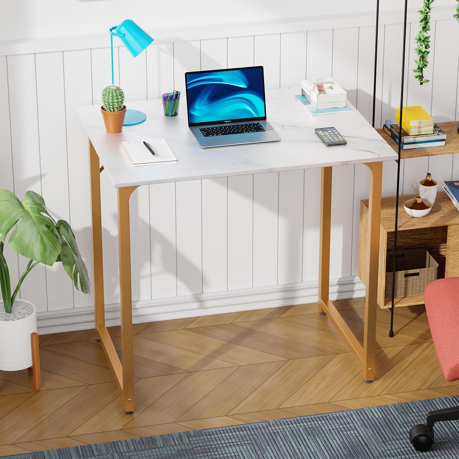 PayLessHere 32″ Computer Desk, White Gold Table w/ Metal Frame