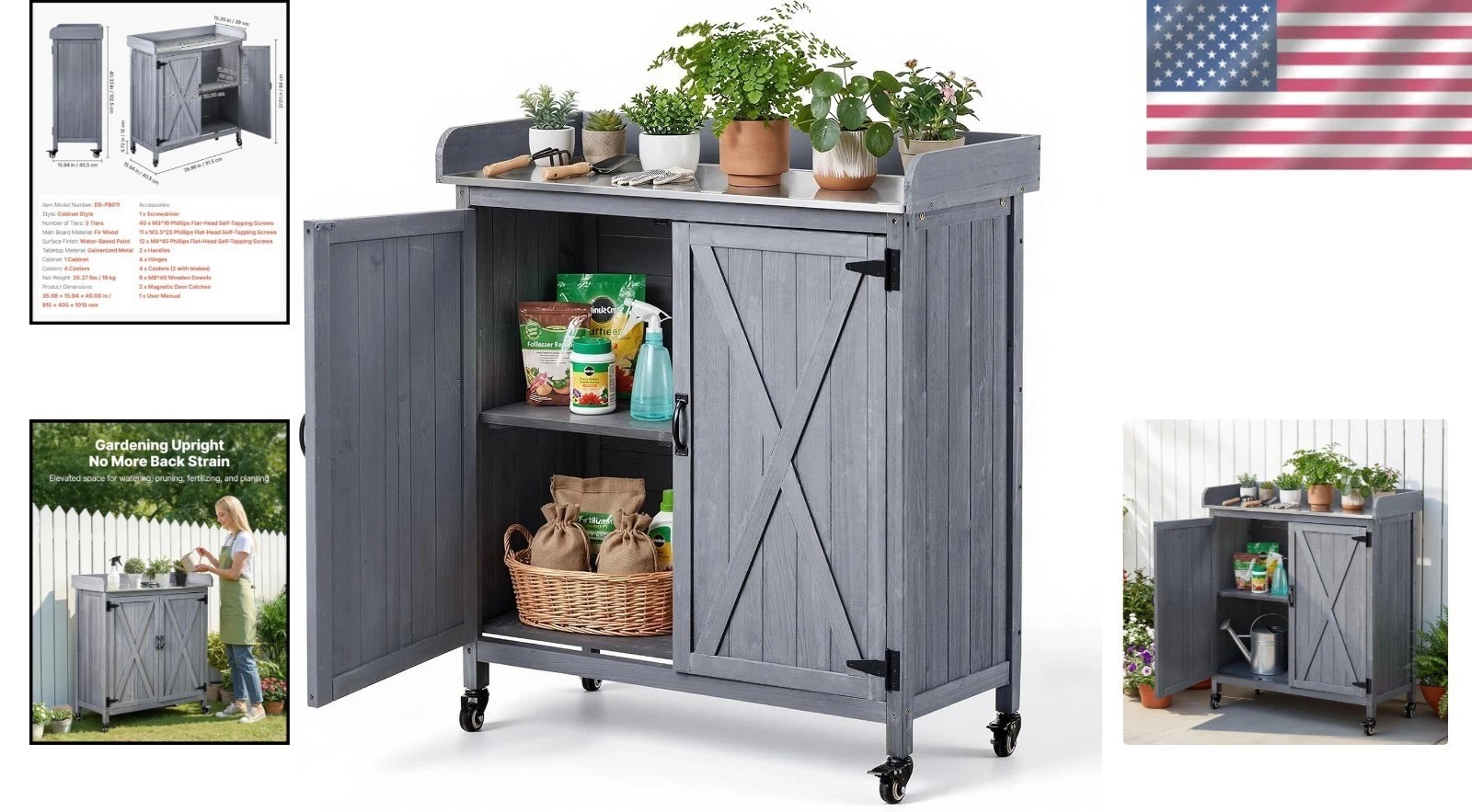Gray Solid Fir Potting Table with Large Storage – Perfect for Patios & Backyards