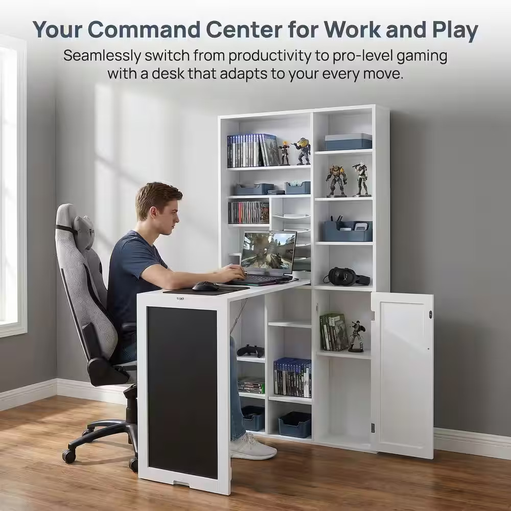 31 In. Rectangular White Floating Desk with Built-In Storage